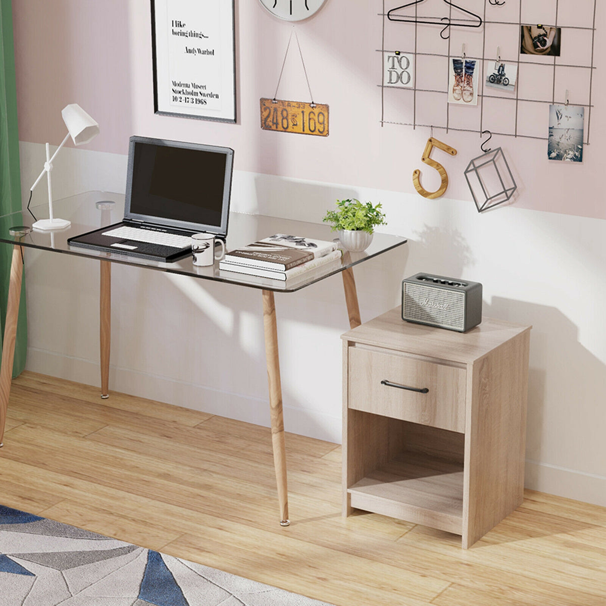 Wooden End Side Table Nightstand with Drawer Storage Shelf-Natural-Nightstands-DECOROLALA