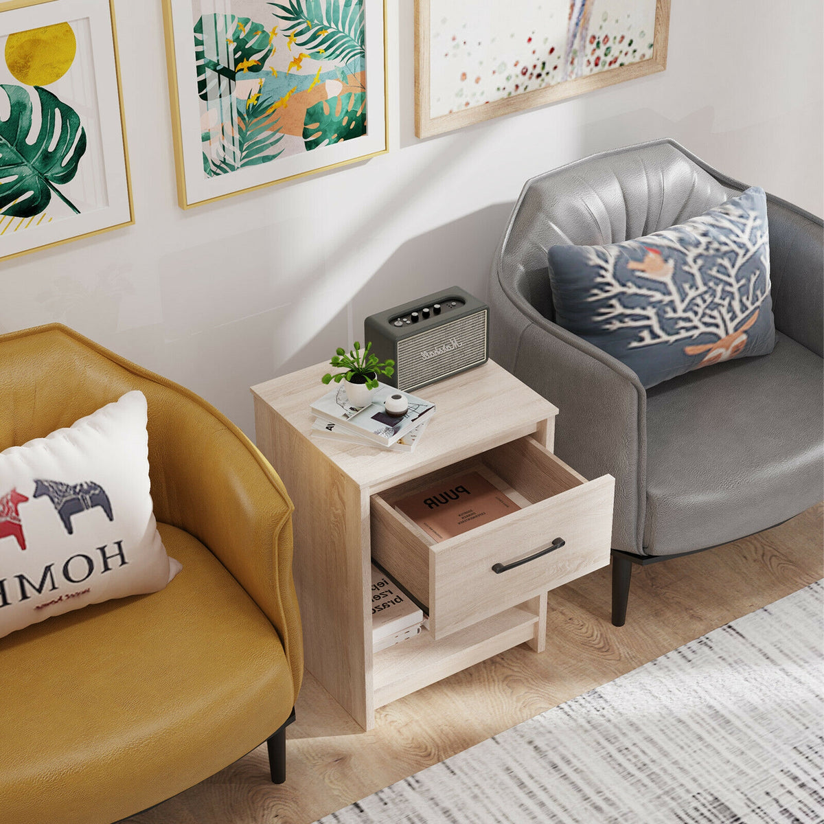 Wooden End Side Table Nightstand with Drawer Storage Shelf-Natural-Nightstands-DECOROLALA