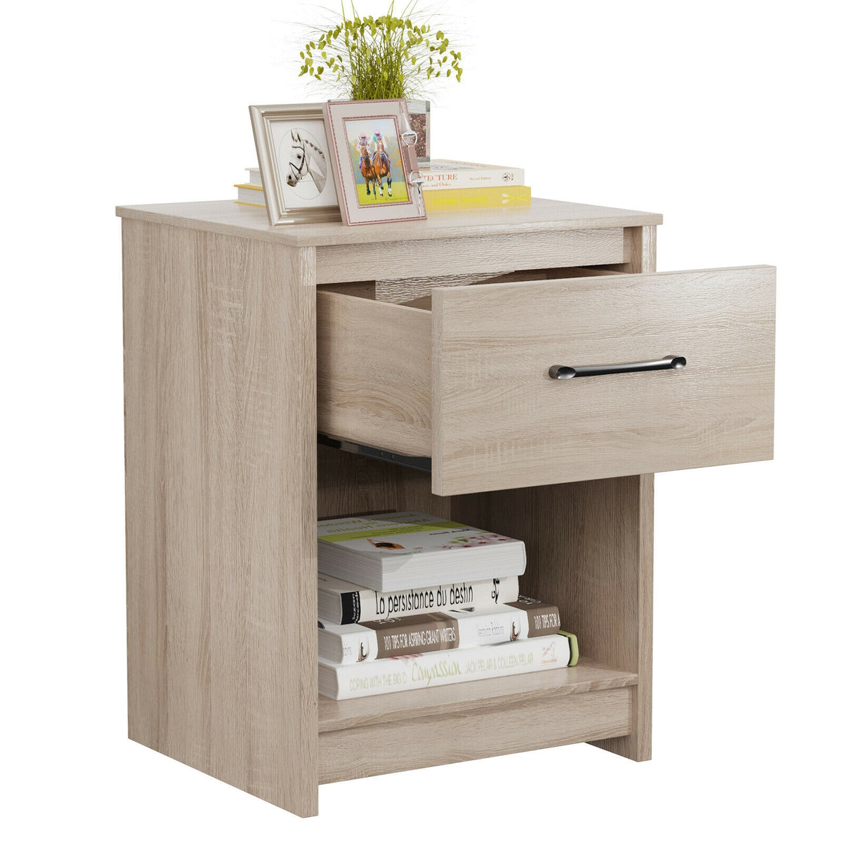 Wooden End Side Table Nightstand with Drawer Storage Shelf-Natural-Nightstands-DECOROLALA