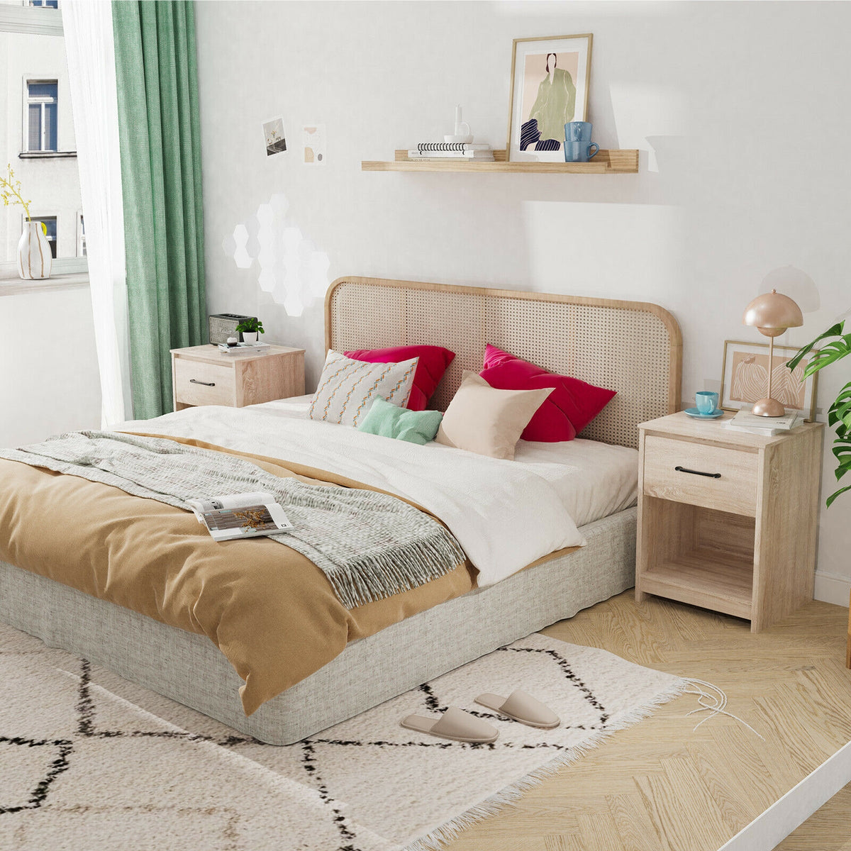 Wooden End Side Table Nightstand with Drawer Storage Shelf-Natural-Nightstands-DECOROLALA