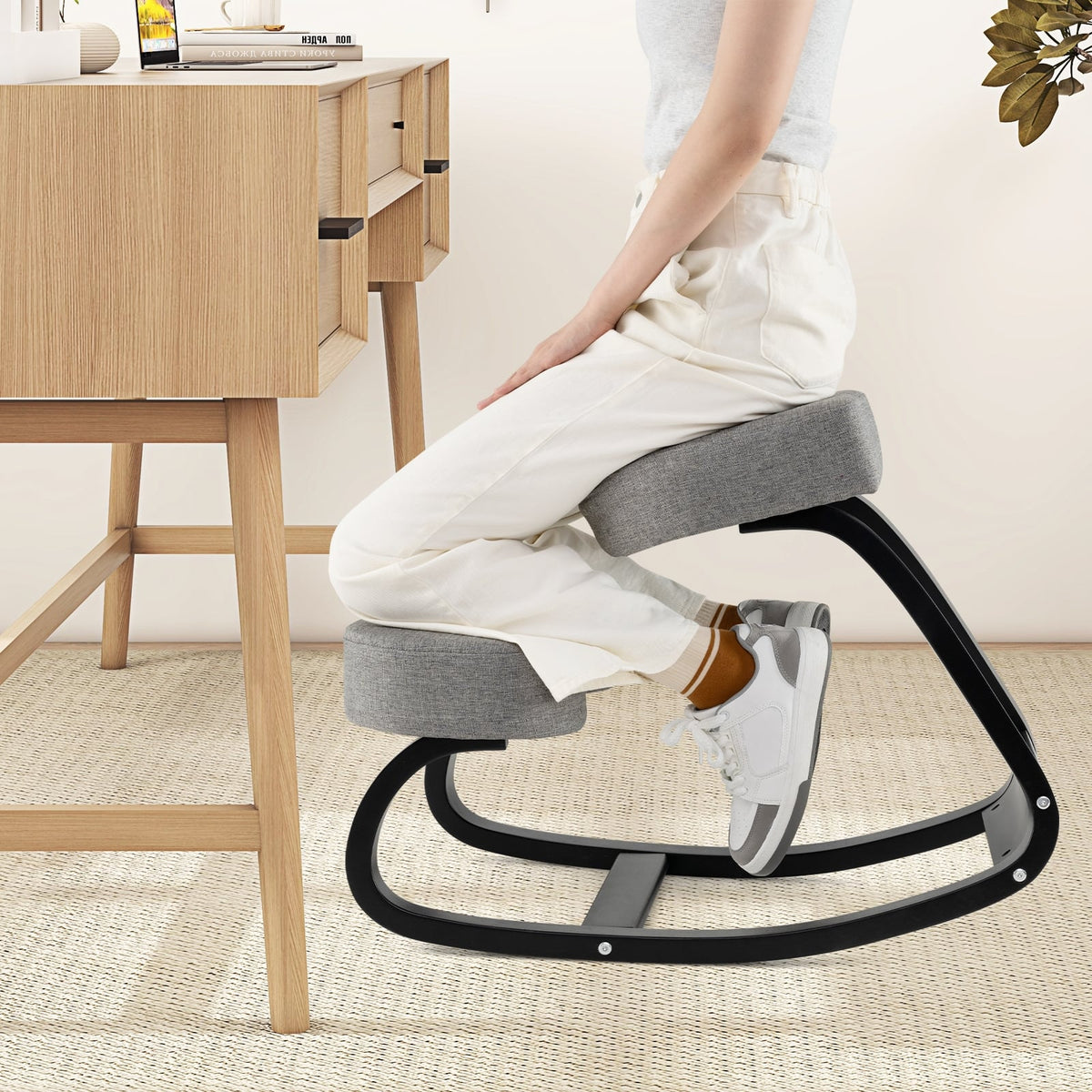 Wooden Ergonomic Rocking Kneeling Chair with Padded Cushion-Grey-Kneeling Chairs-DECOROLALA