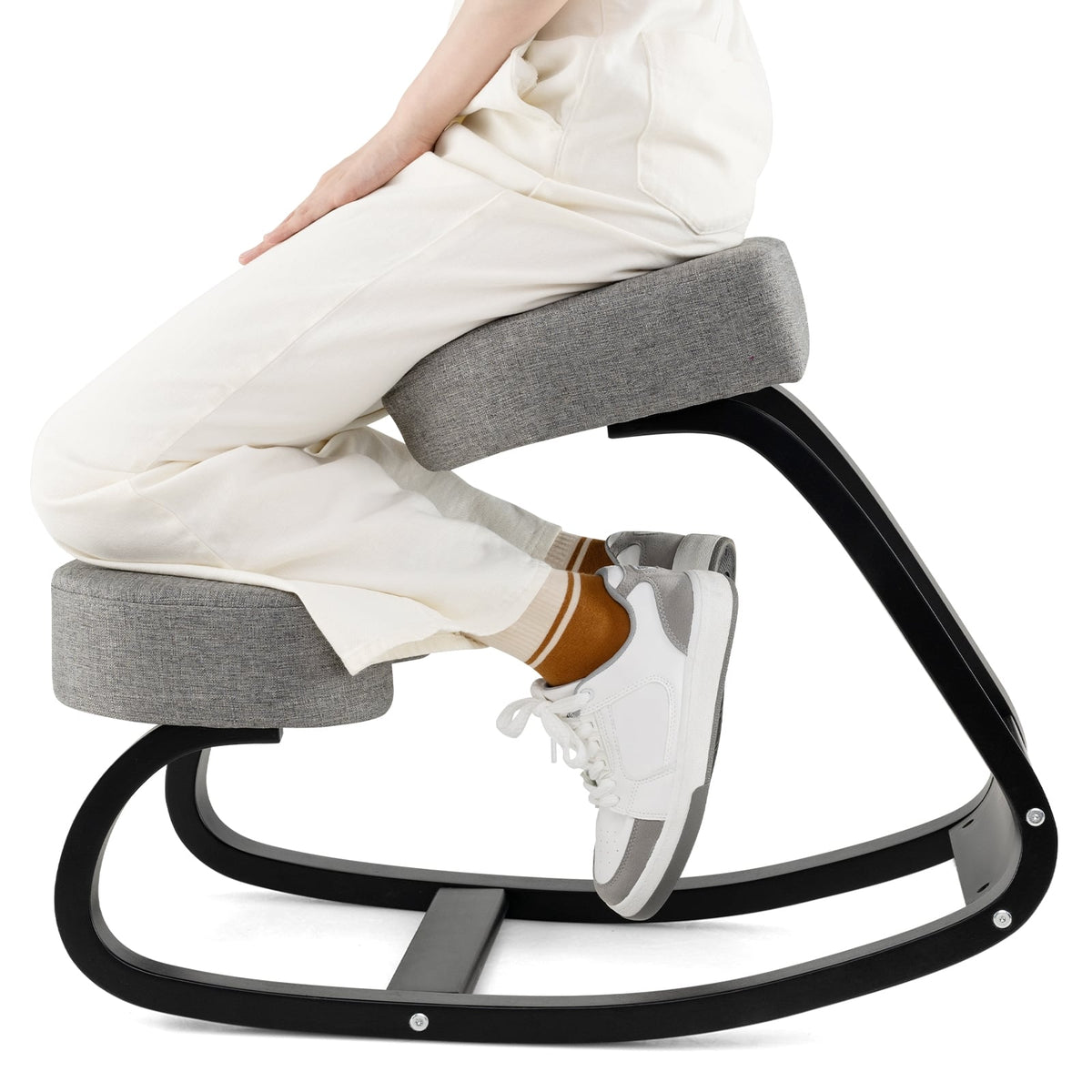 Wooden Ergonomic Rocking Kneeling Chair with Padded Cushion-Grey-Kneeling Chairs-DECOROLALA
