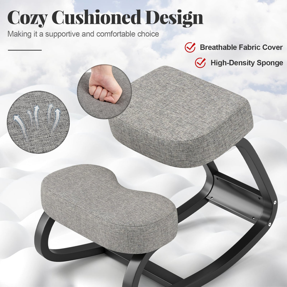 Wooden Ergonomic Rocking Kneeling Chair with Padded Cushion-Grey-Kneeling Chairs-DECOROLALA
