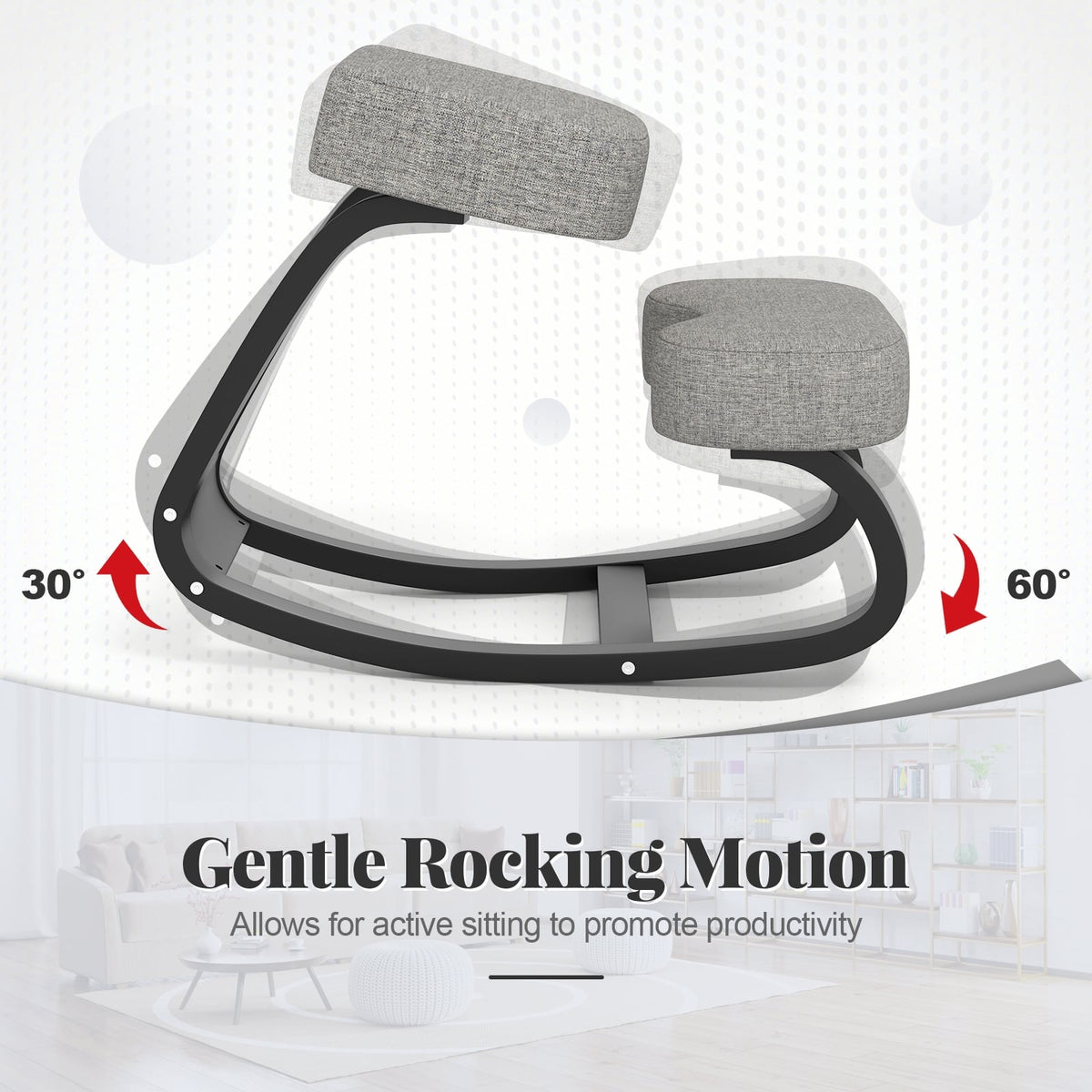Wooden Ergonomic Rocking Kneeling Chair with Padded Cushion-Grey-Kneeling Chairs-DECOROLALA