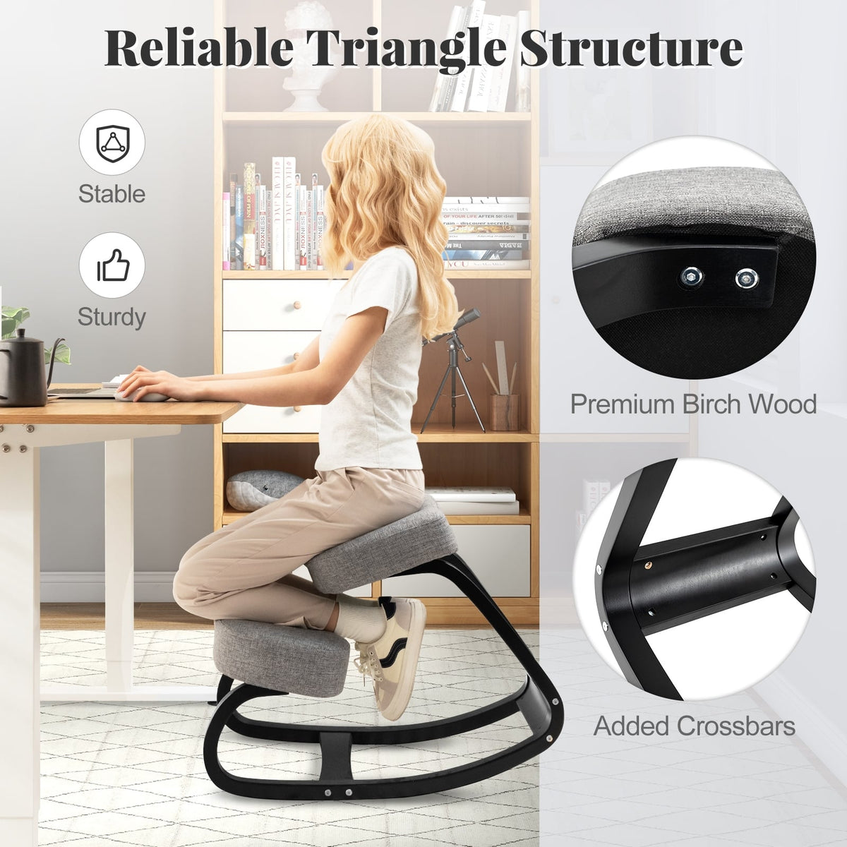 Wooden Ergonomic Rocking Kneeling Chair with Padded Cushion-Grey-Kneeling Chairs-DECOROLALA