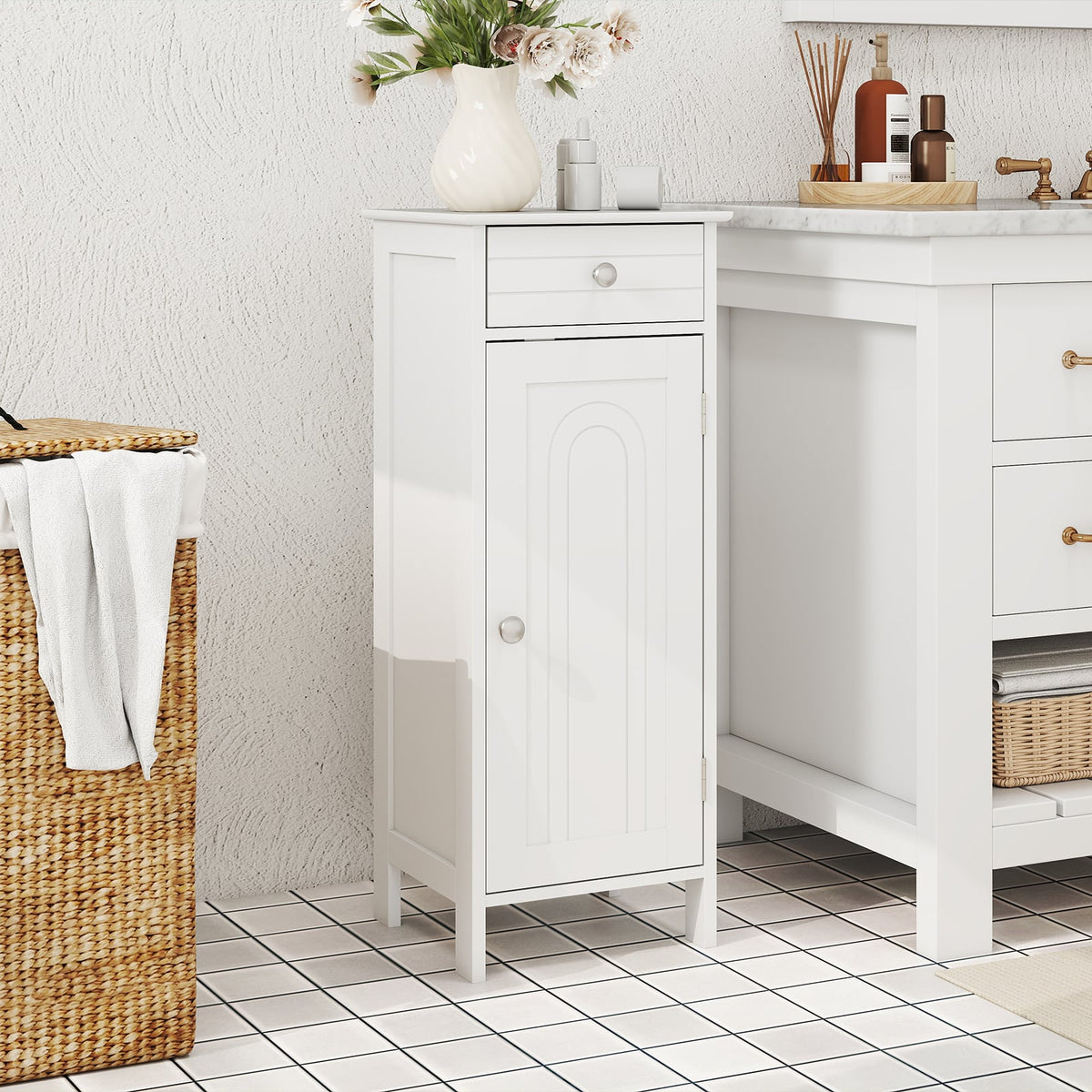 Wooden Floor Cabinet with Drawer and Adjustable Shelf - White-Bathroom Floor Cabinets-DECOROLALA