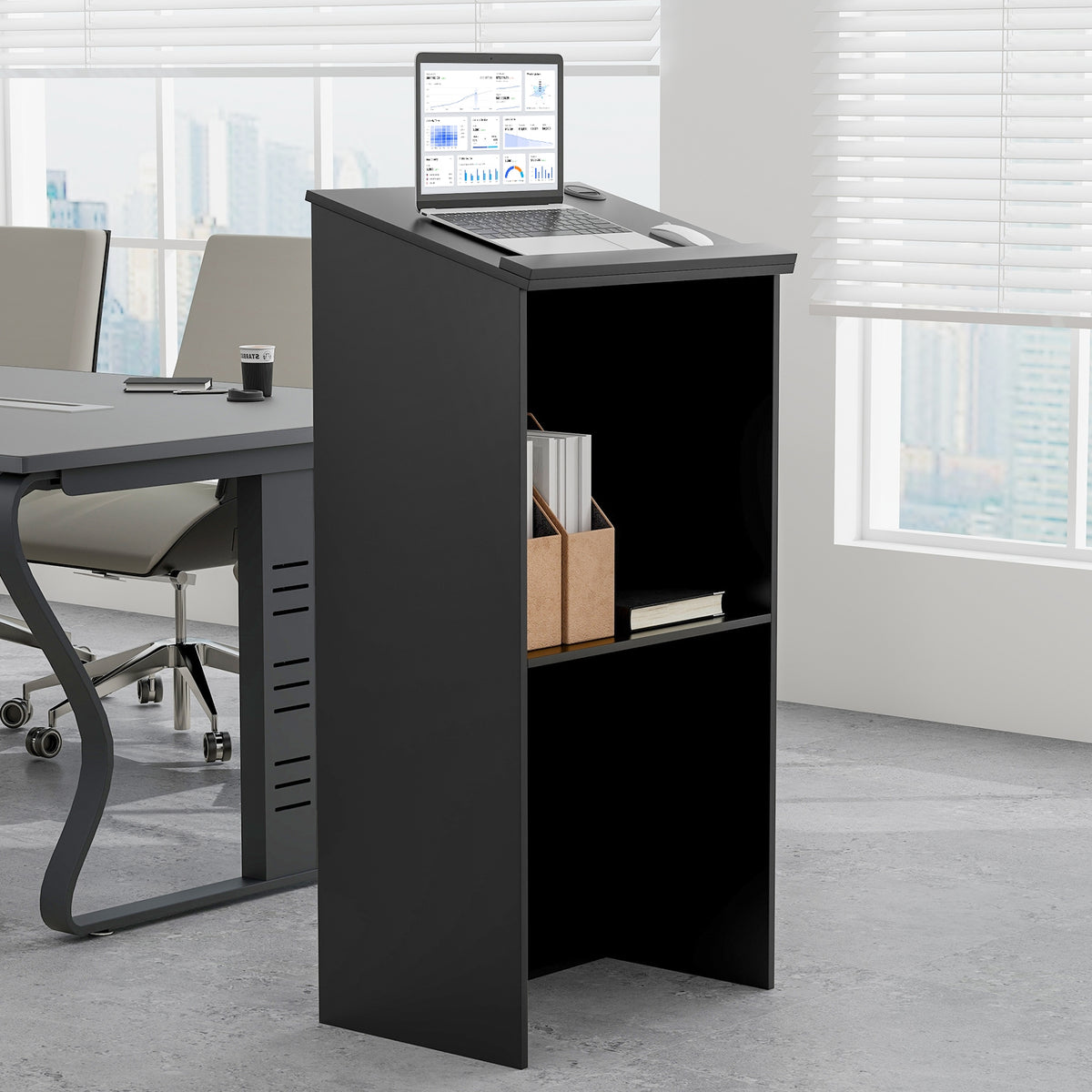 Wooden Floor Standing Podium Speaking Lectern-Black-Laptop Tables & Printer Stands-DECOROLALA
