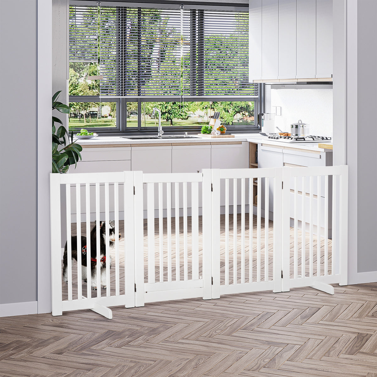Wooden Foldable Pet Gate with Door - White 4-Panel MDF Barrier-Dog Supplies-DECOROLALA