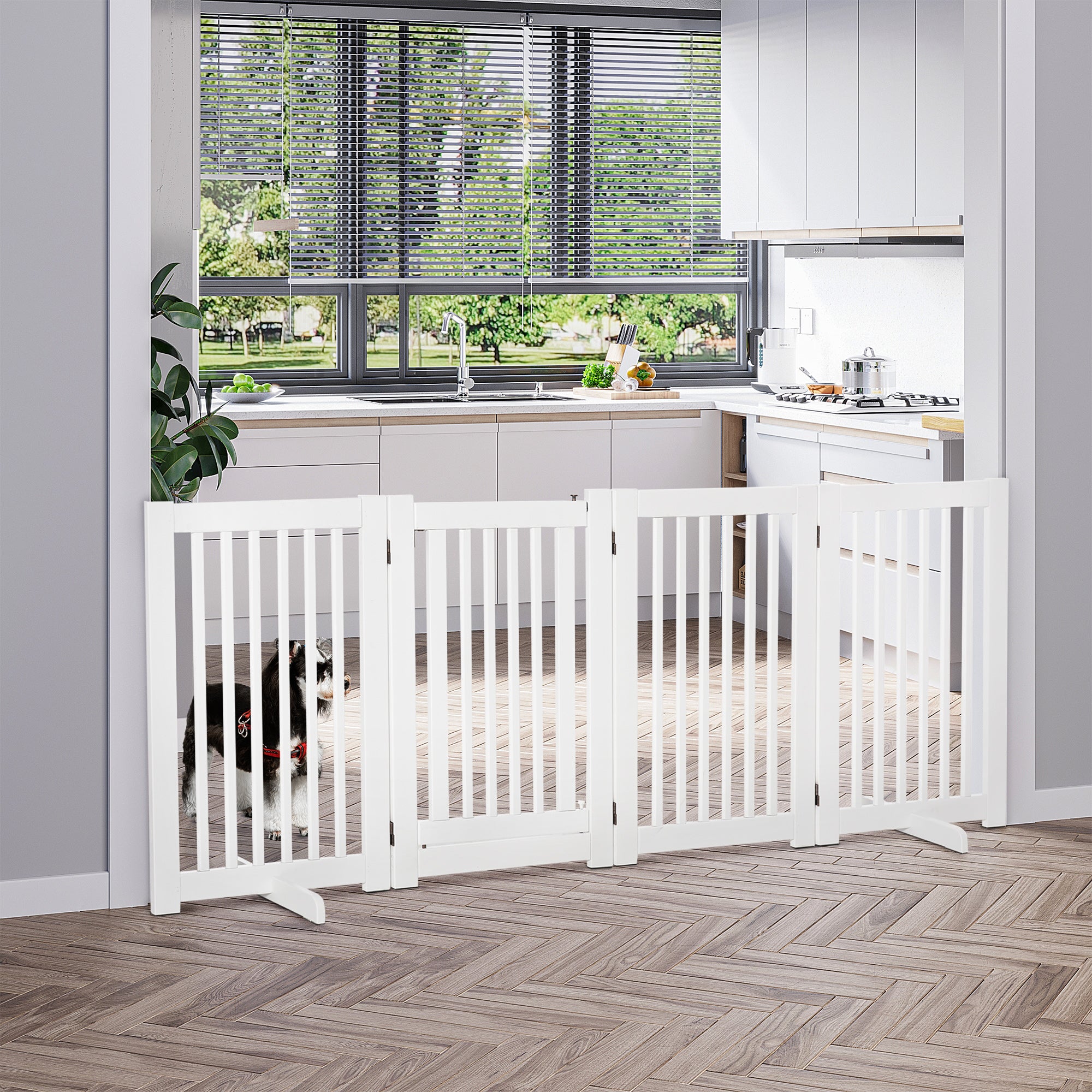 Wooden Foldable Pet Gate with Door - White 4-Panel MDF Barrier-Dogs-DECOROLALA