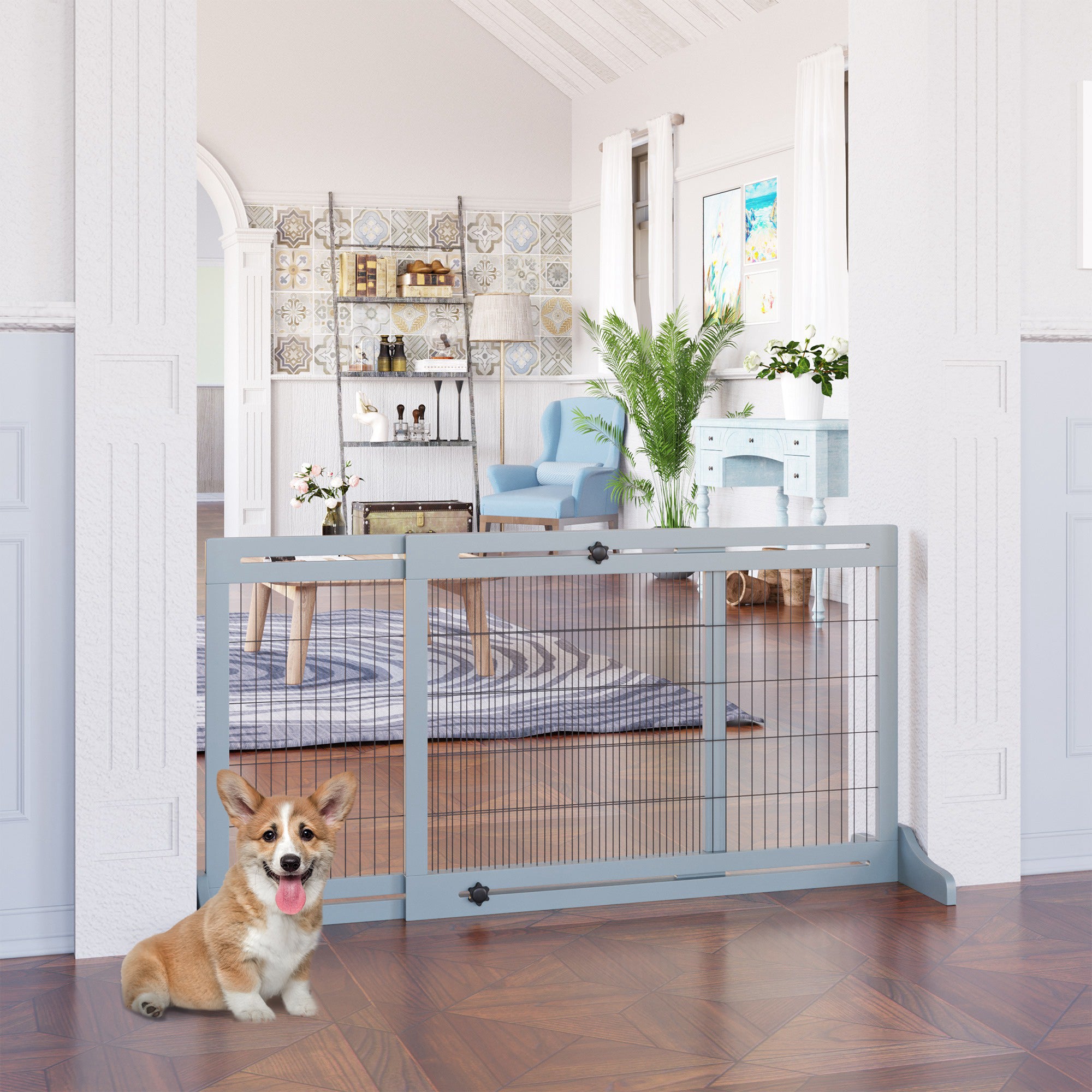 Wooden Freestanding Pet Gate - 41"-71" Adjustable Grey-Blue-Dogs-DECOROLALA