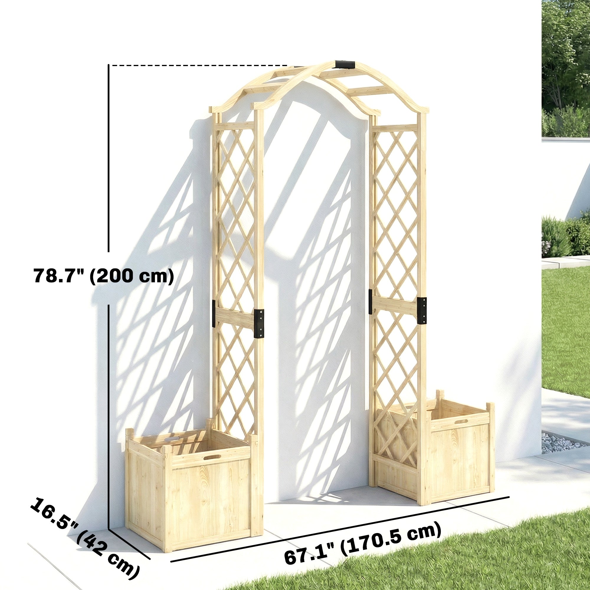 Wooden Garden Arch with 2 Planter Boxes - Natural Fir Wood-DECOROLALA