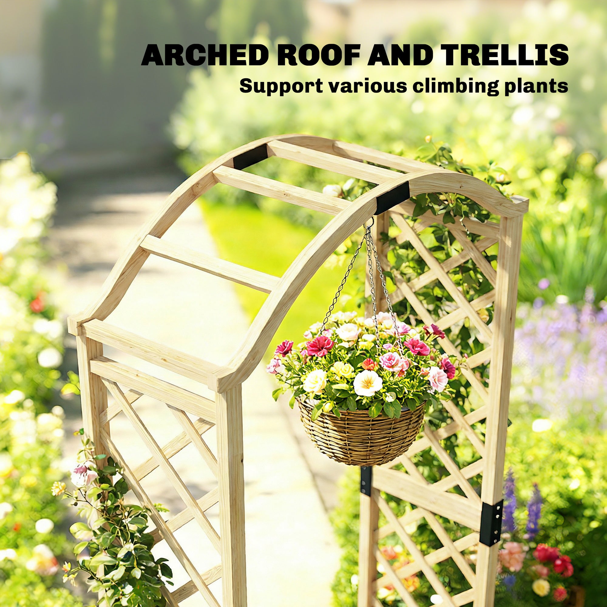 Wooden Garden Arch with 2 Planter Boxes - Natural Fir Wood-DECOROLALA