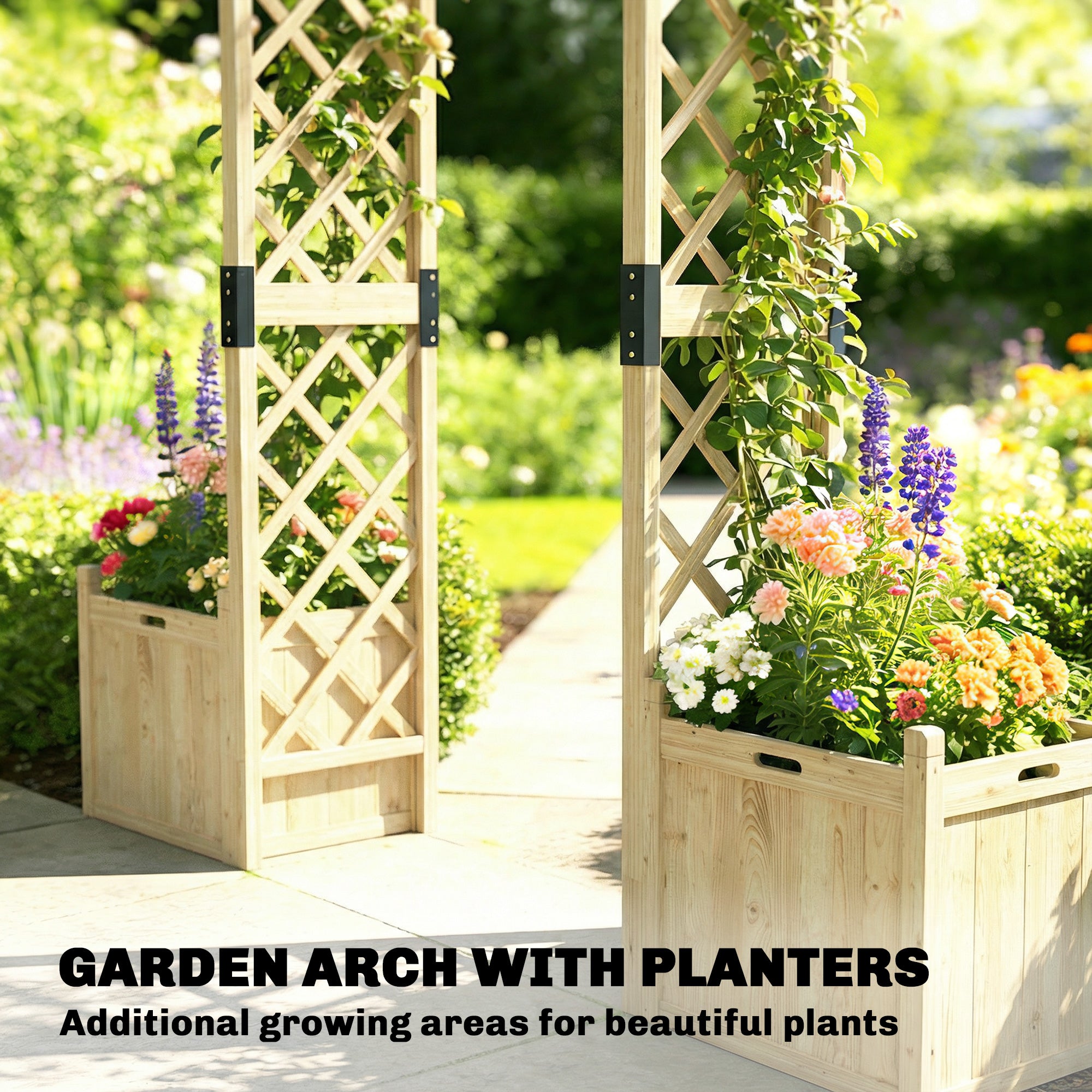 Wooden Garden Arch with 2 Planter Boxes - Natural Fir Wood-DECOROLALA