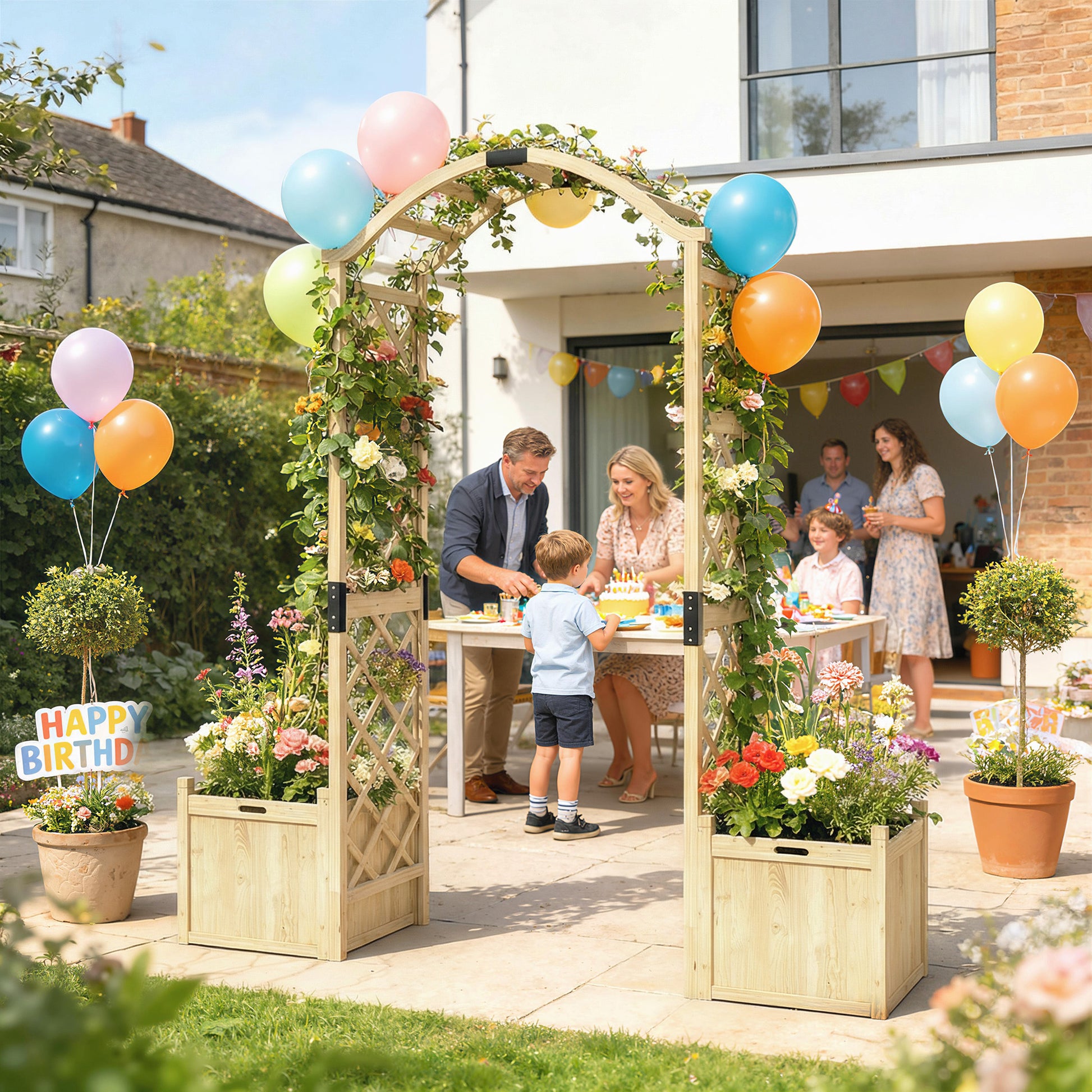 Wooden Garden Arch with 2 Planter Boxes - Natural Fir Wood-DECOROLALA