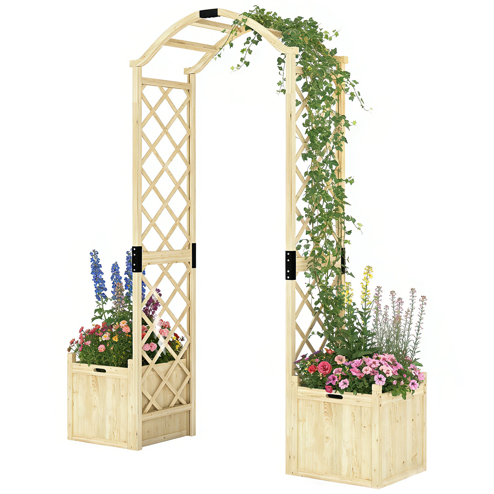 Wooden Garden Arch with 2 Planter Boxes - Natural Fir Wood-DECOROLALA
