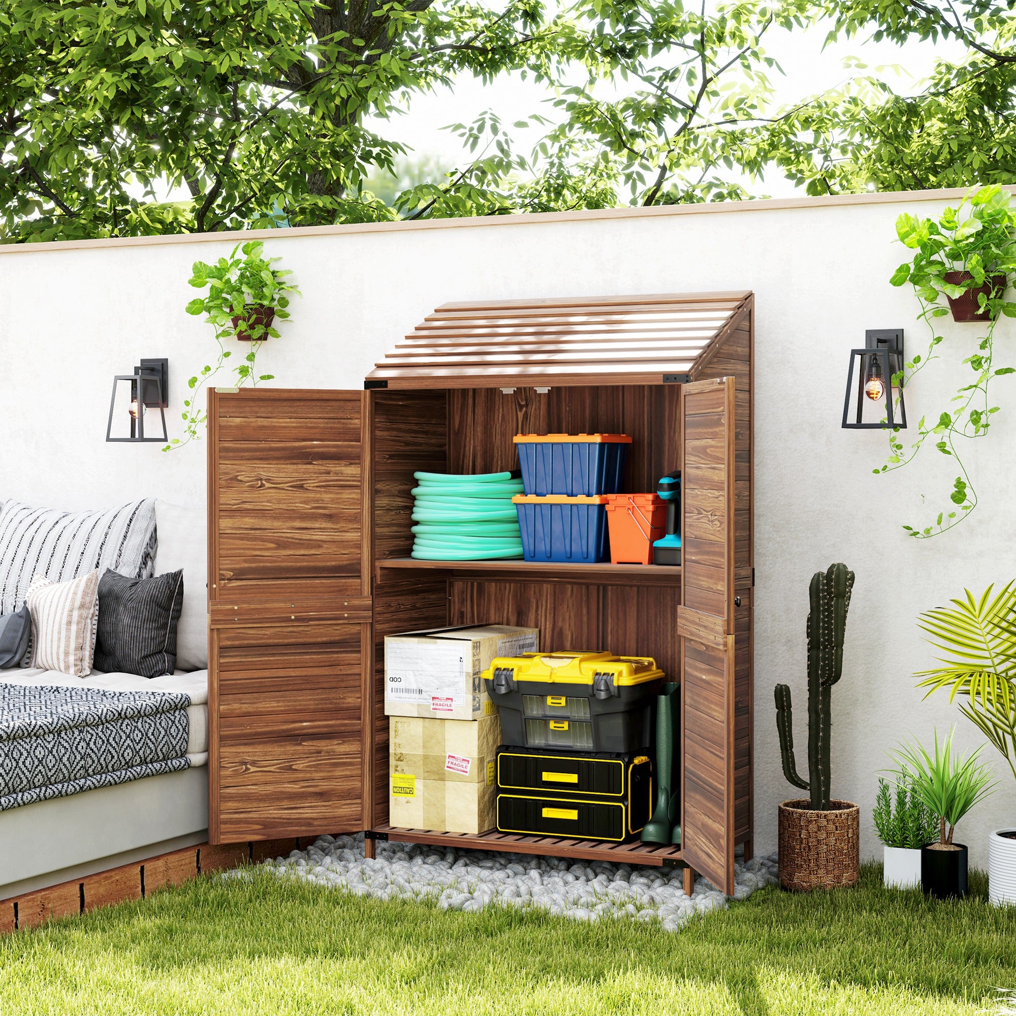 Wooden Garden Storage Shed - 2-Tier Fir Wood Cabinet Brown-Patio & Garden > Lawn & Garden > Sheds > Outdoor Storage Cabinet-DECOROLALA