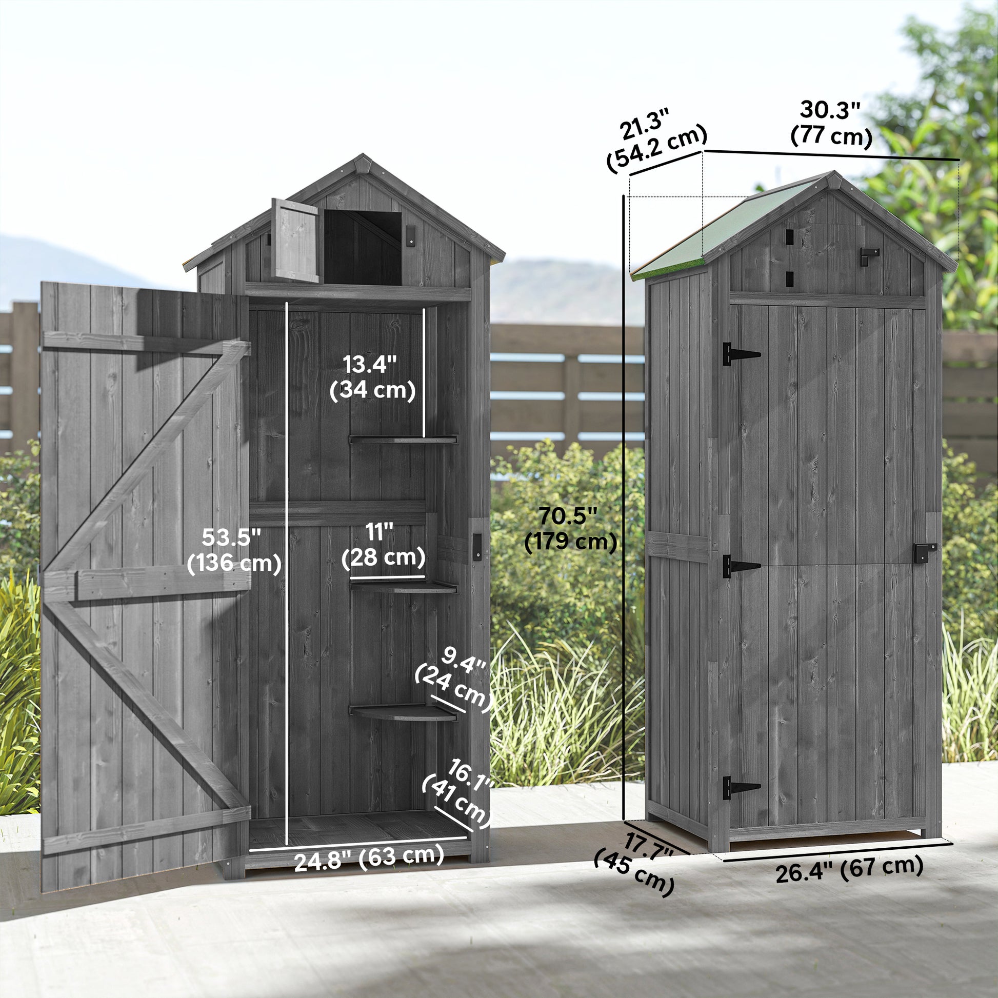 Wooden Garden Storage Shed - 71" Grey Utility Tool House-Patio & Garden > Lawn & Garden > Sheds > Outdoor Storage Cabinet-DECOROLALA