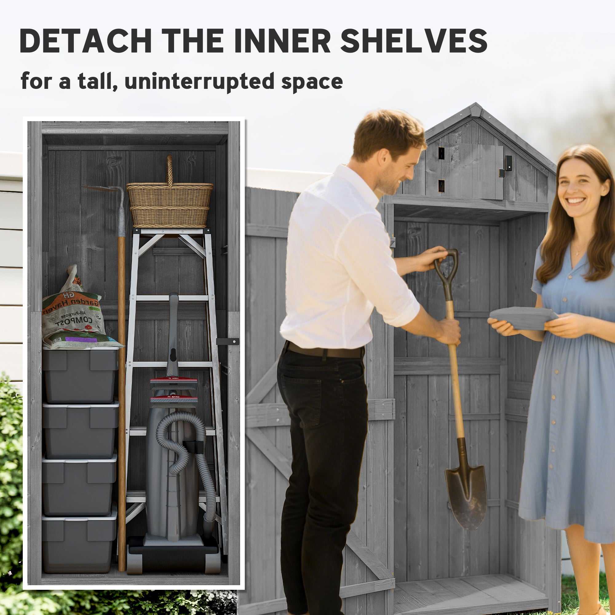 Wooden Garden Storage Shed - 71" Grey Utility Tool House-Patio & Garden > Lawn & Garden > Sheds > Outdoor Storage Cabinet-DECOROLALA