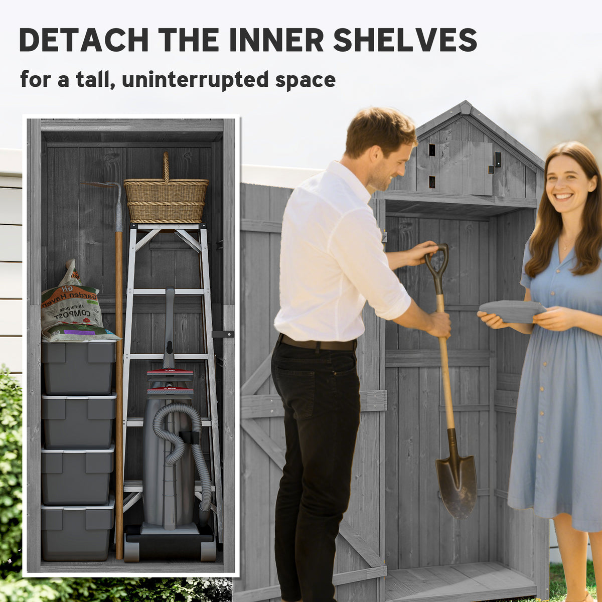 Wooden Garden Storage Shed - 71" Grey Utility Tool House-Patio & Garden > Lawn & Garden > Sheds > Outdoor Storage Cabinet-DECOROLALA