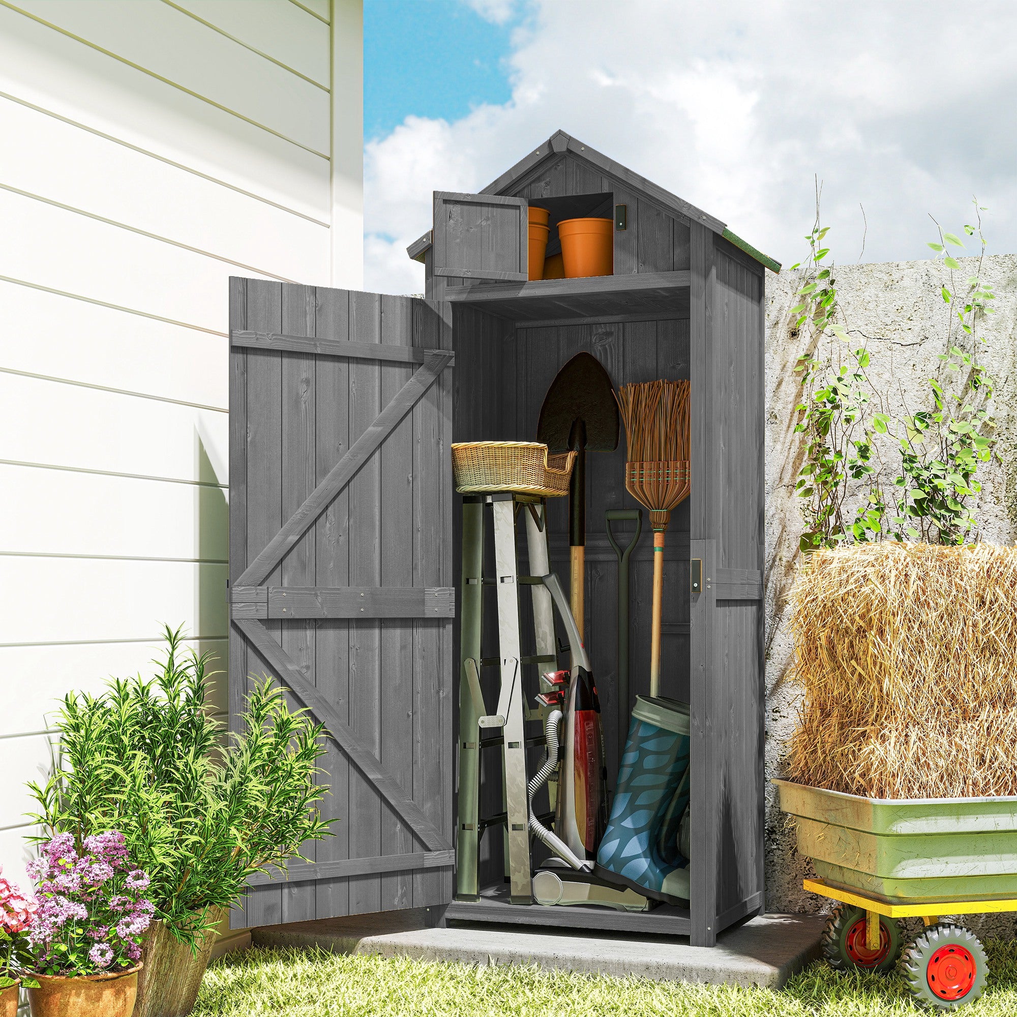 Wooden Garden Storage Shed - 71" Grey Utility Tool House-Patio & Garden > Lawn & Garden > Sheds > Outdoor Storage Cabinet-DECOROLALA