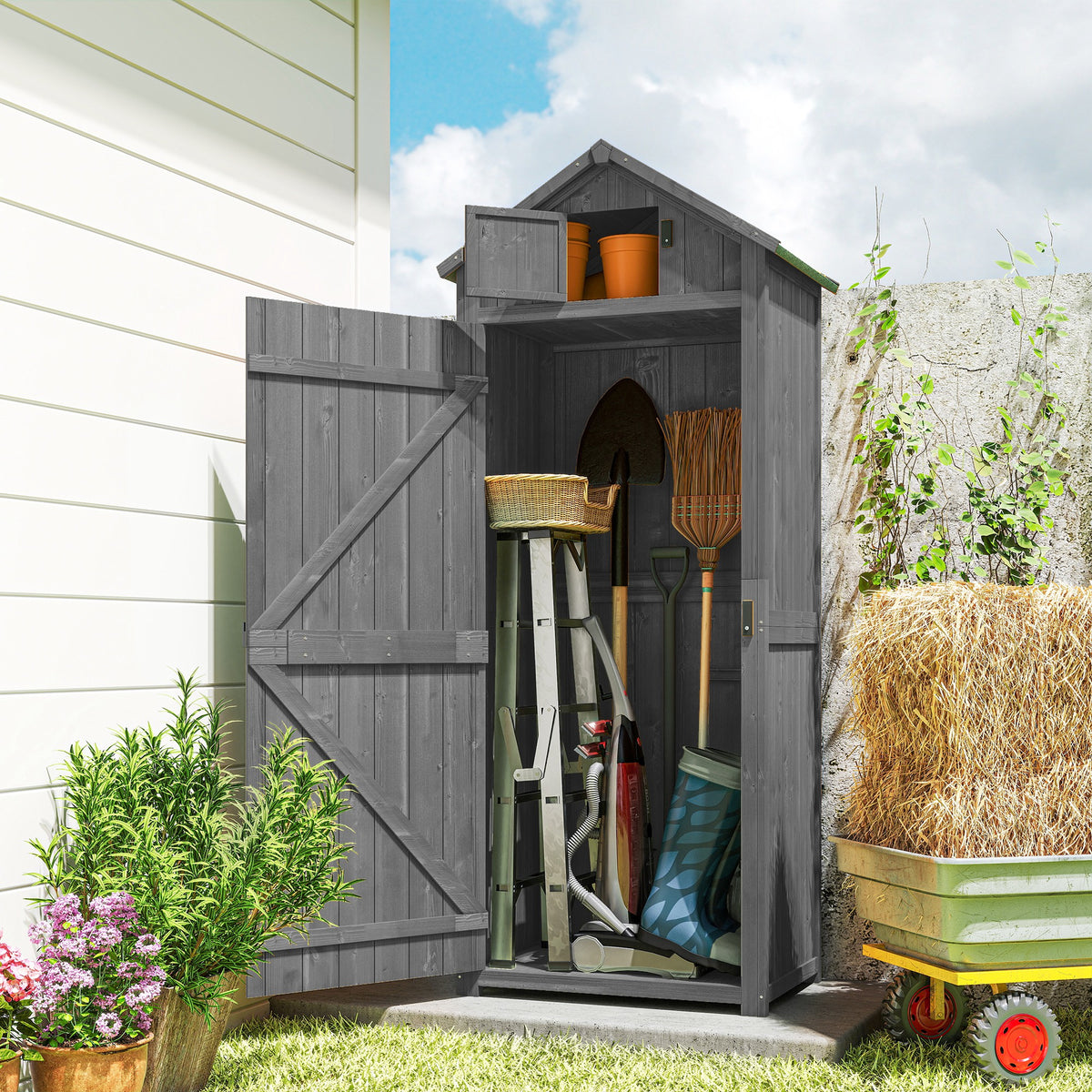 Wooden Garden Storage Shed - 71" Grey Utility Tool House-Patio & Garden > Lawn & Garden > Sheds > Outdoor Storage Cabinet-DECOROLALA