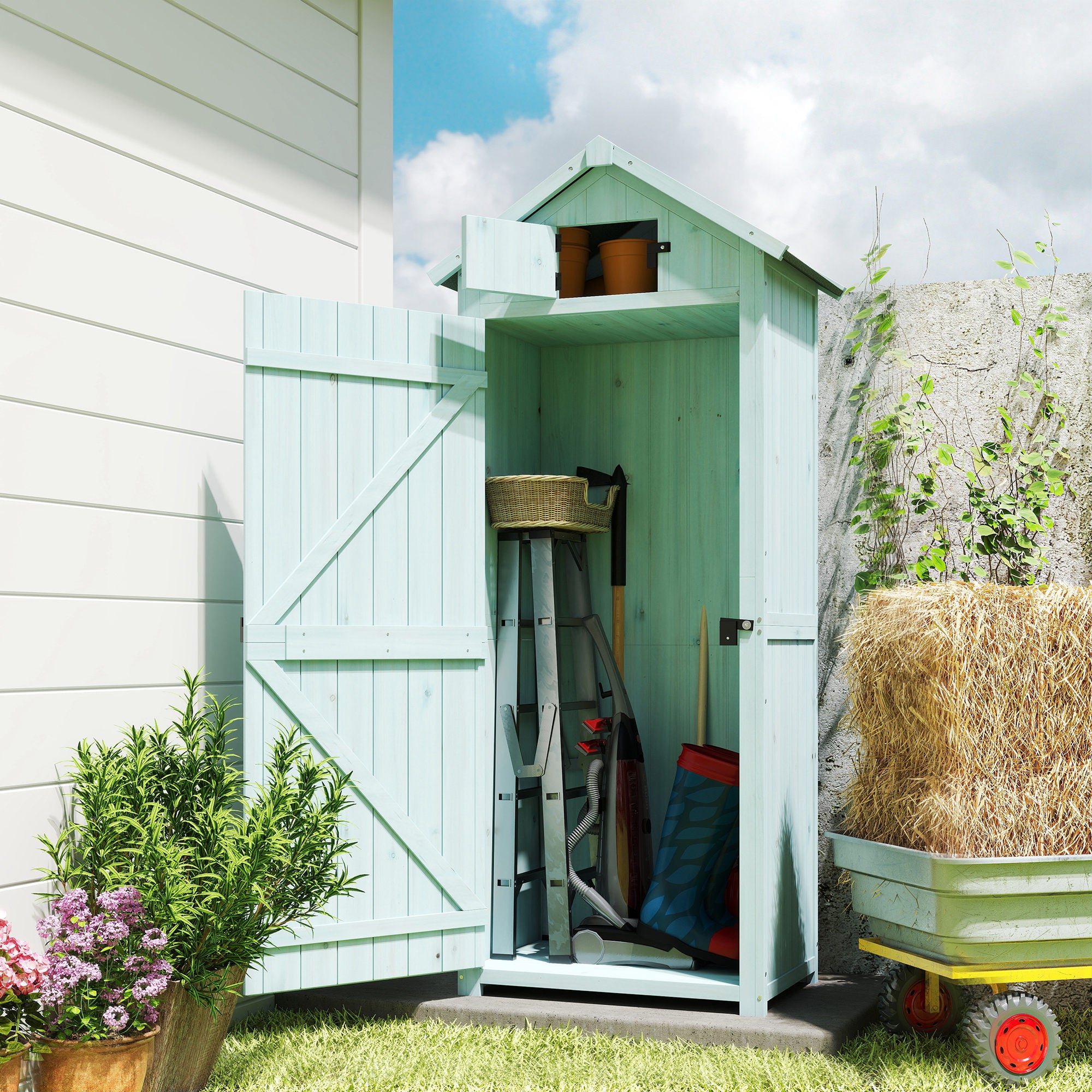 Wooden Garden Storage Shed - 71" Outdoor Tool Cabinet Blue-Patio & Garden > Lawn & Garden > Sheds > Outdoor Storage Cabinet-DECOROLALA