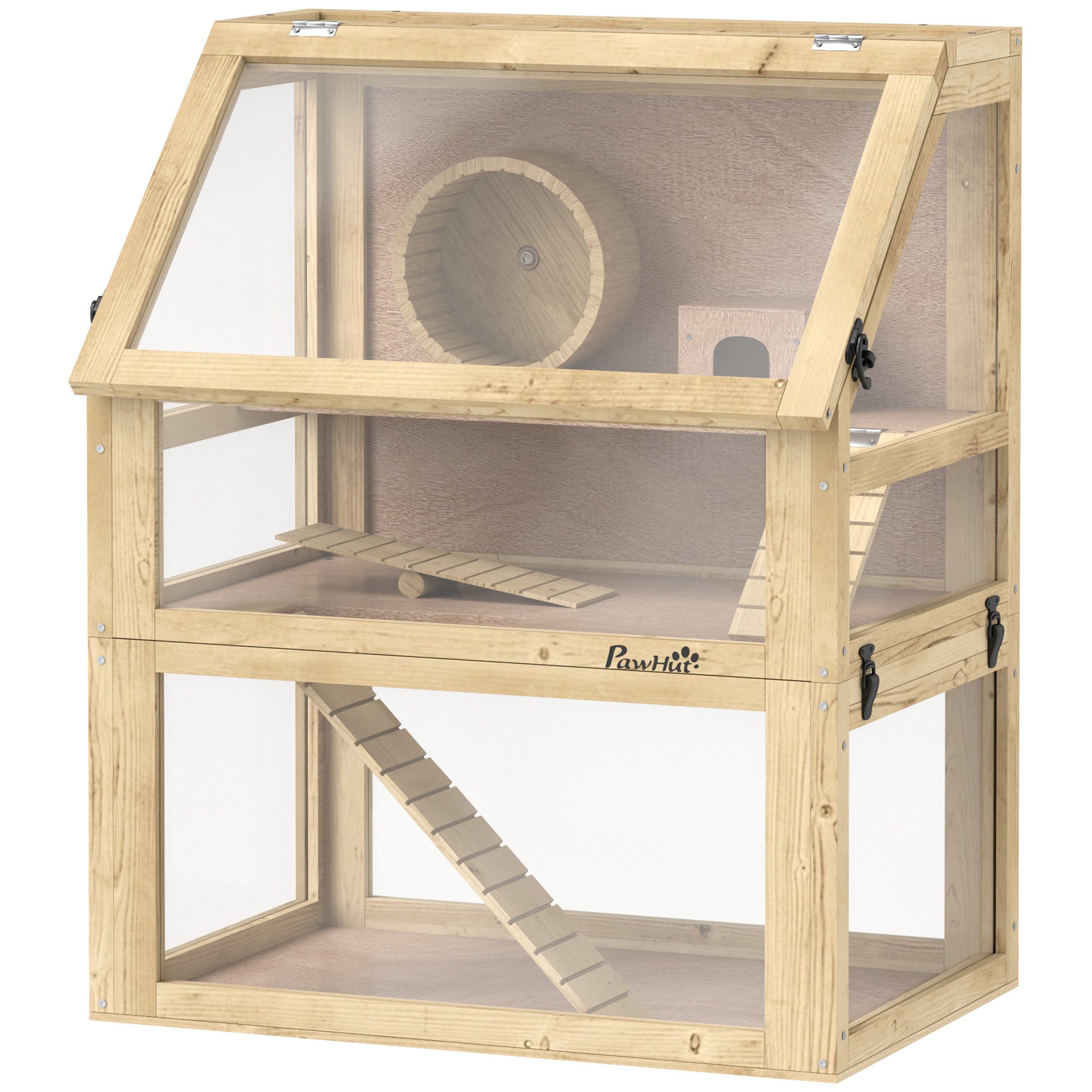 Wooden Hamster Cage, 3 Tier Gerbil Cage with Deep Bottom, Hut, Seesaw, Exercise Wheel, Ramps, 24" x 16" x 29.5"-Small Animals-DECOROLALA