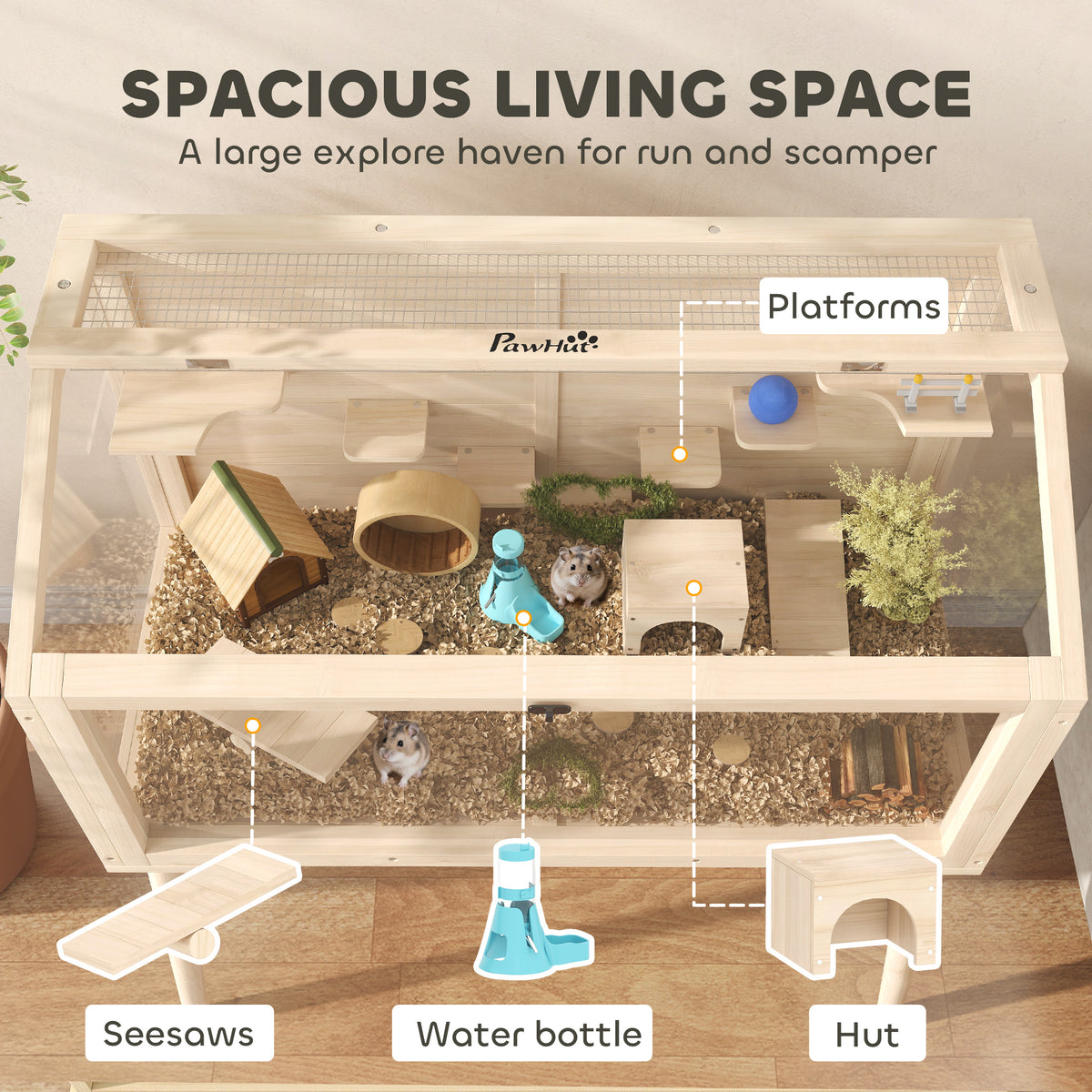 Wooden Hamster Cage Habitat with Accessories - 43.3"x20.5"x39.8"-Small Animals-DECOROLALA
