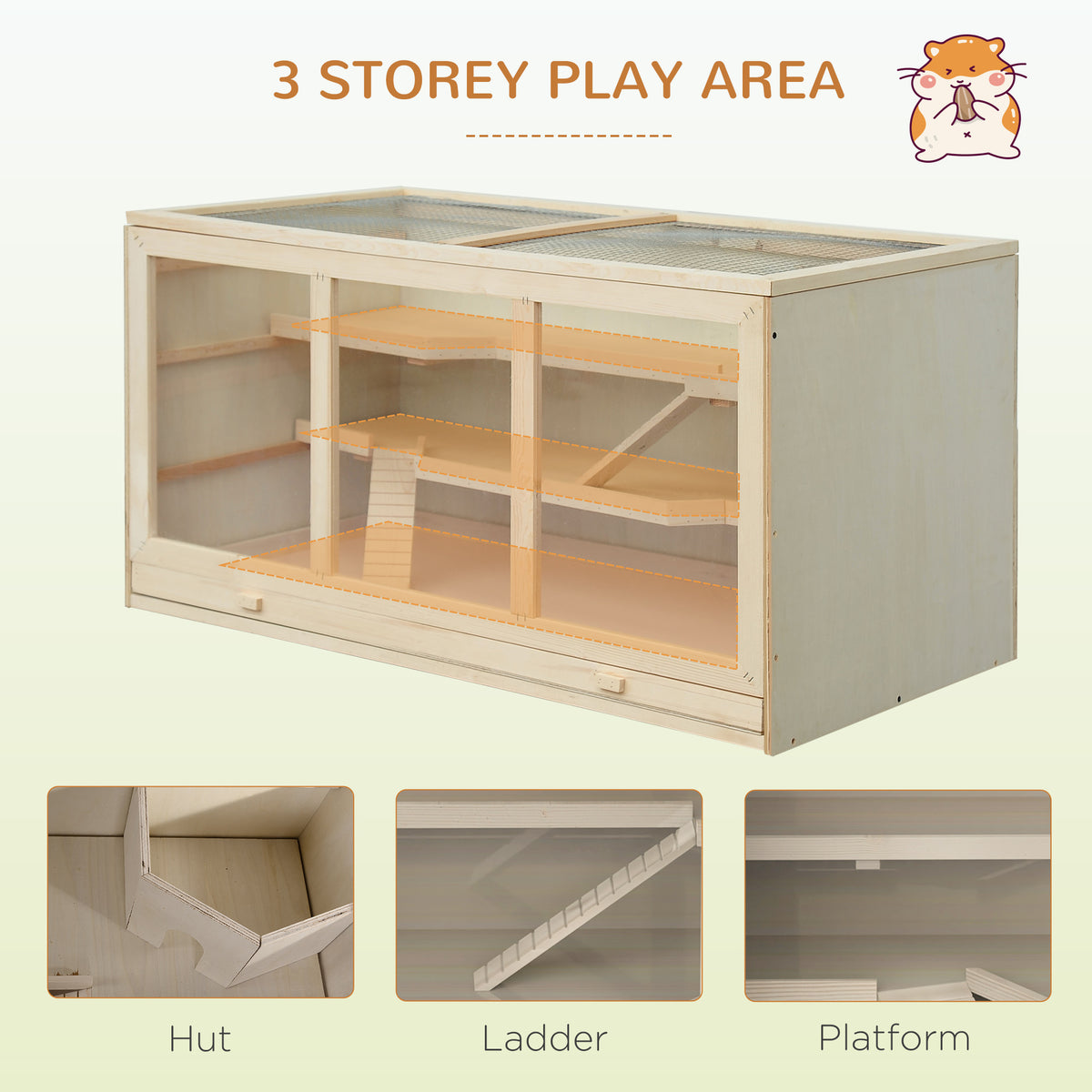 Wooden Hamster Cage with Slide and Tray - Natural Fir Wood 45"-Small Animals-DECOROLALA