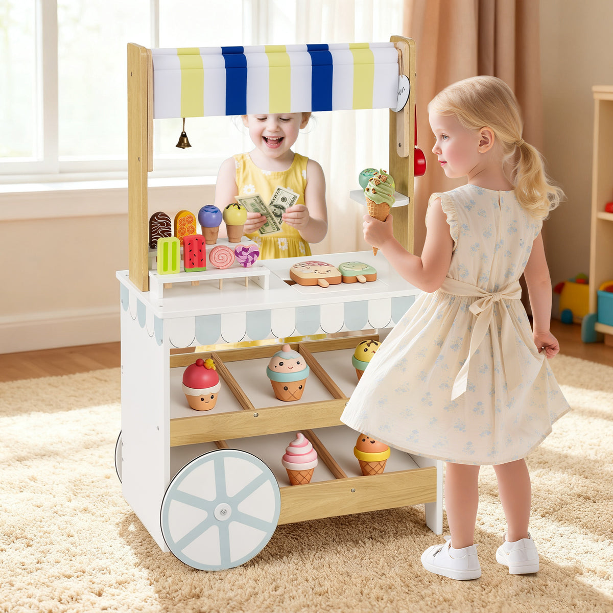 2-in-1 Wooden Ice Cream Cart & Grocery Store Playset - White