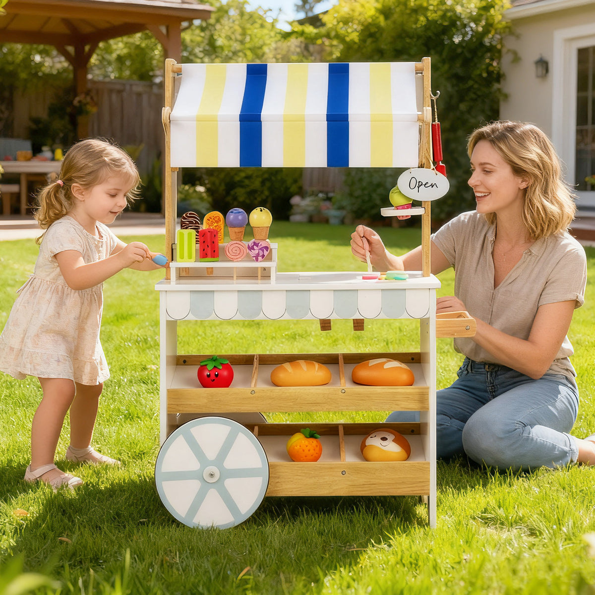2-in-1 Wooden Ice Cream Cart & Grocery Store Playset - White