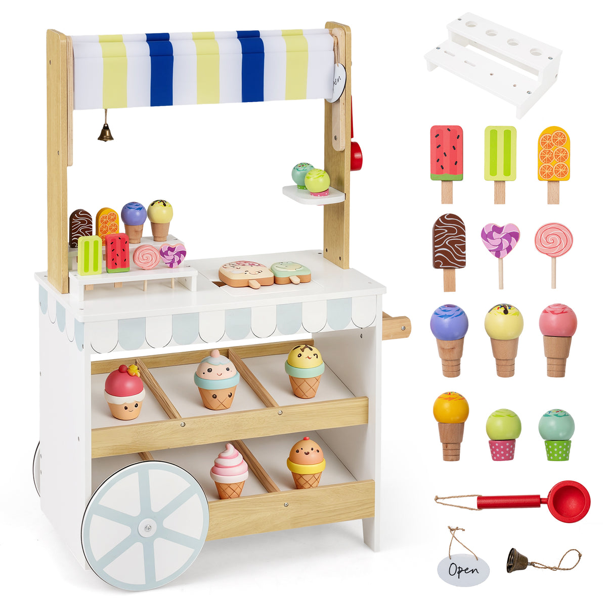 2-in-1 Wooden Ice Cream Cart & Grocery Store Playset - White
