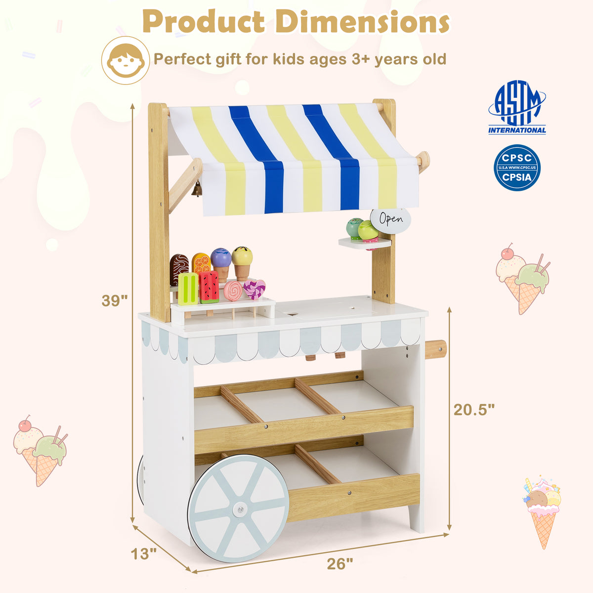 2-in-1 Wooden Ice Cream Cart & Grocery Store Playset - White