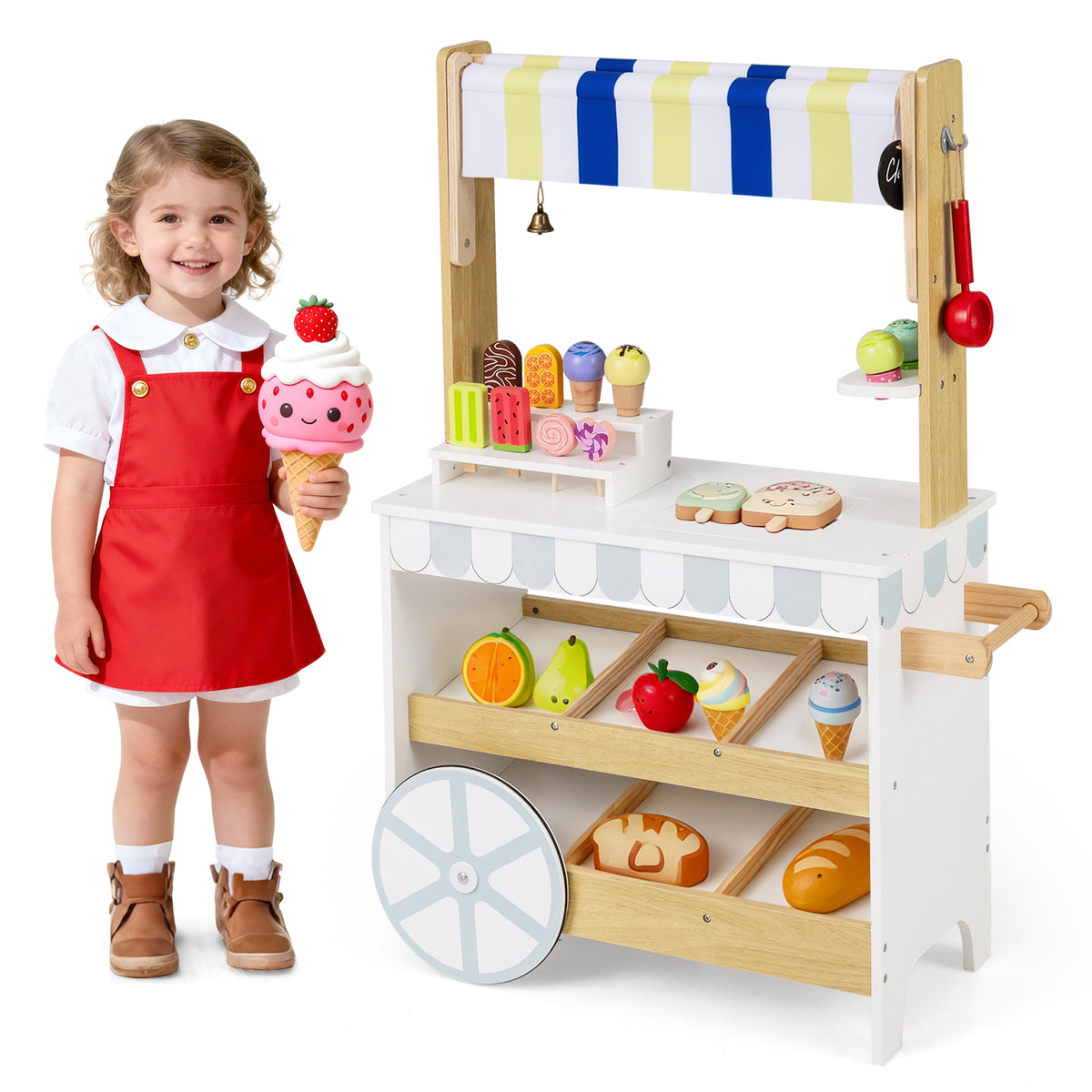 2-in-1 Wooden Ice Cream Cart & Grocery Store Playset - White