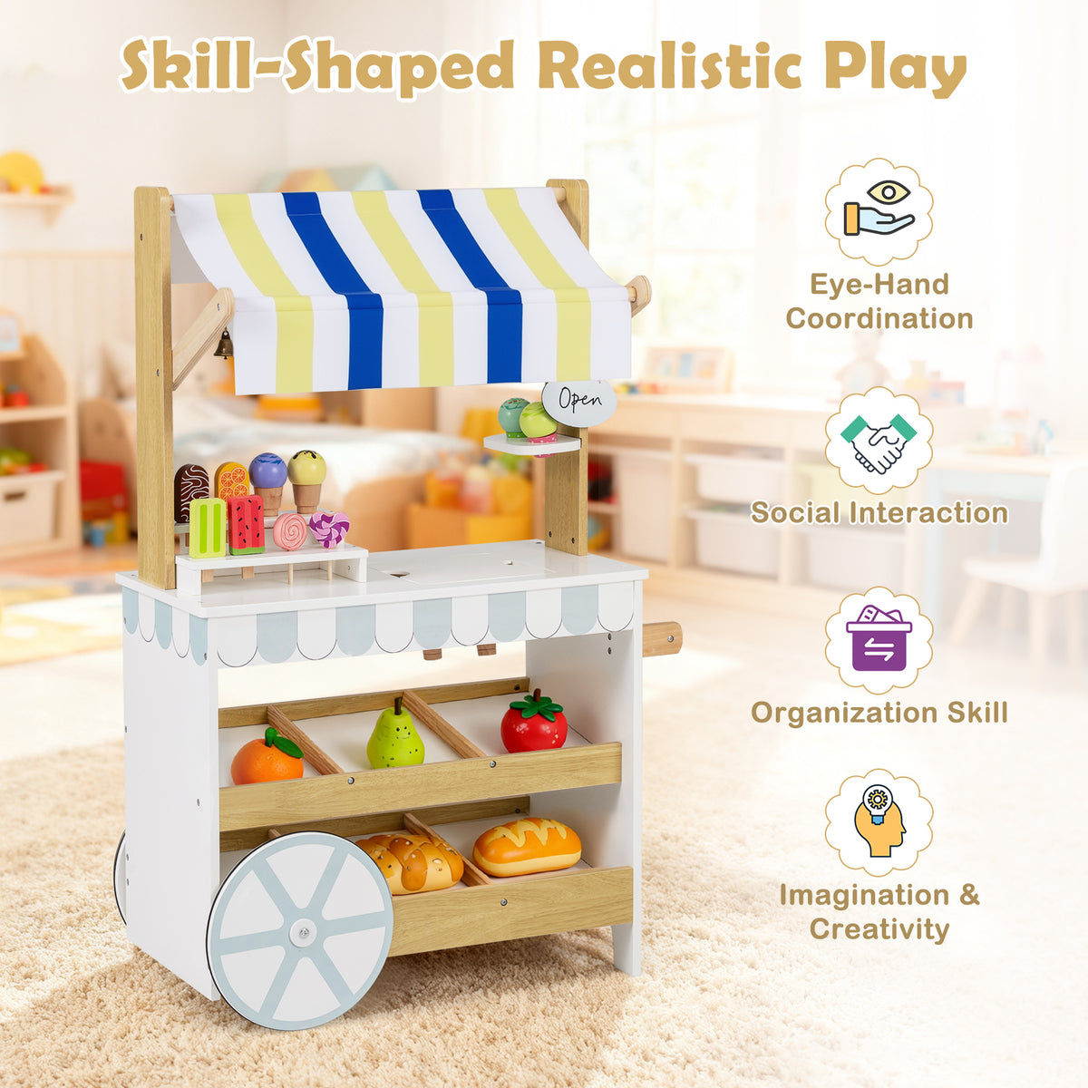 2-in-1 Wooden Ice Cream Cart & Grocery Store Playset - White
