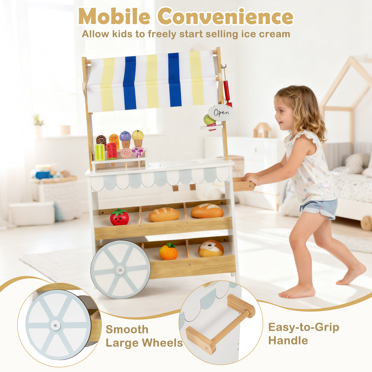 2-in-1 Wooden Ice Cream Cart & Grocery Store Playset - White