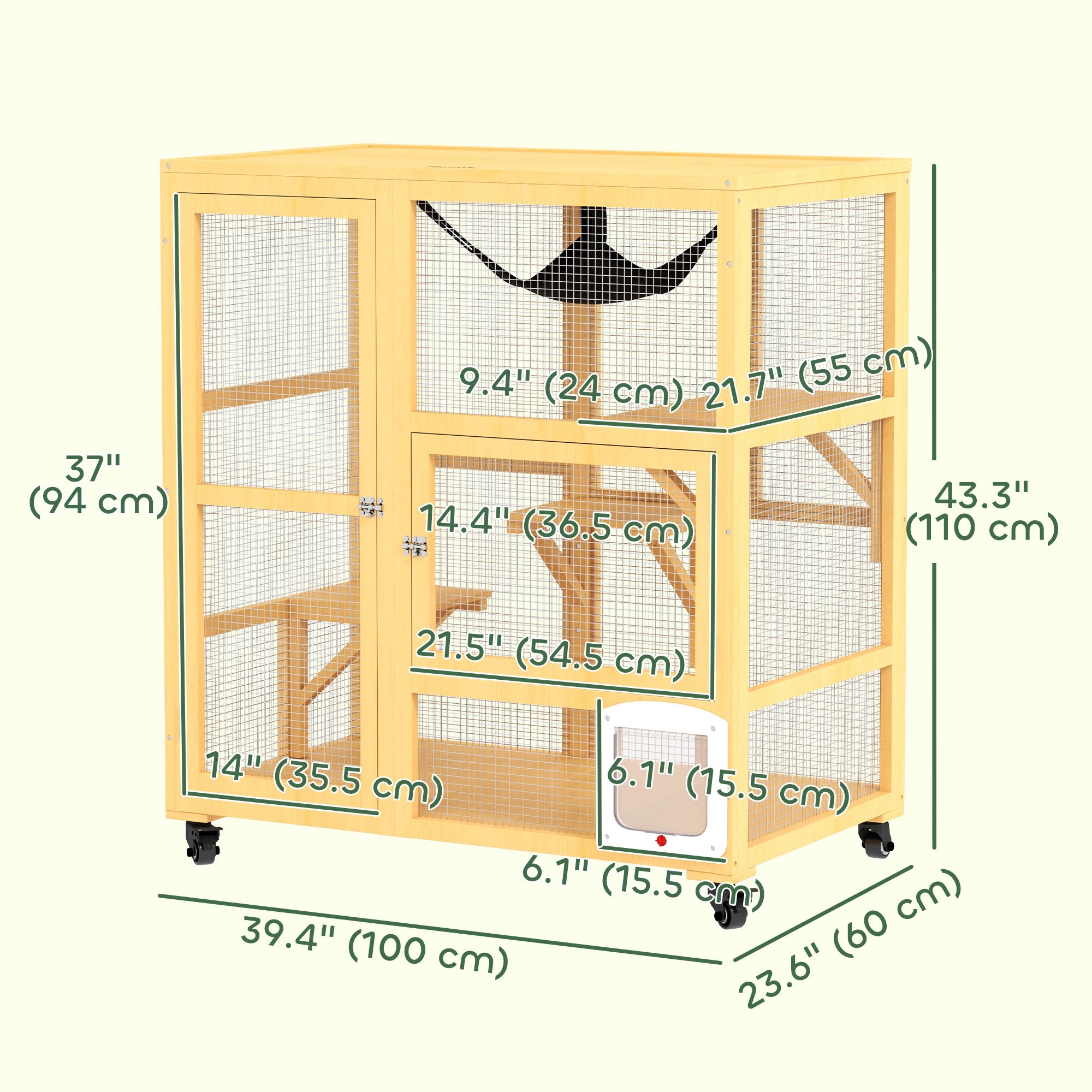 Wooden Indoor Cat Condo on Wheels - Yellow 43" H-DECOROLALA