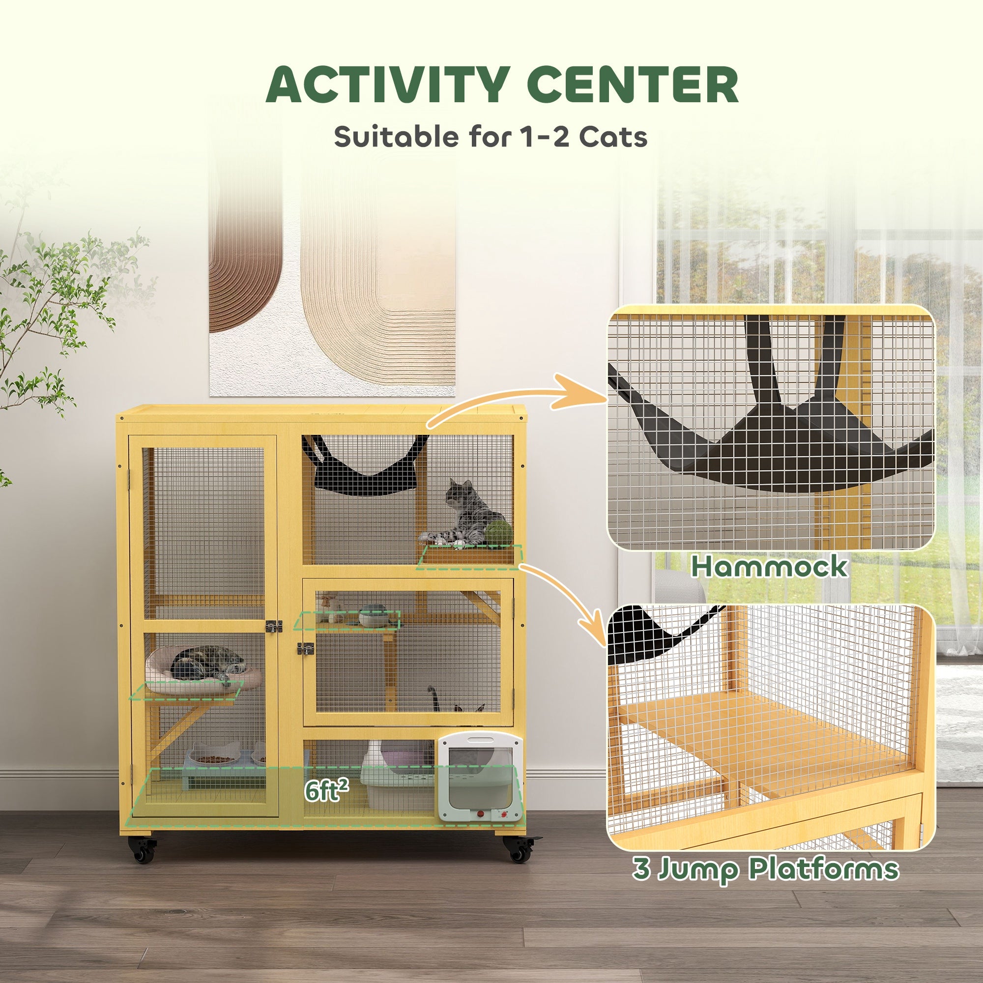 Wooden Indoor Cat Condo on Wheels - Yellow 43" H-DECOROLALA