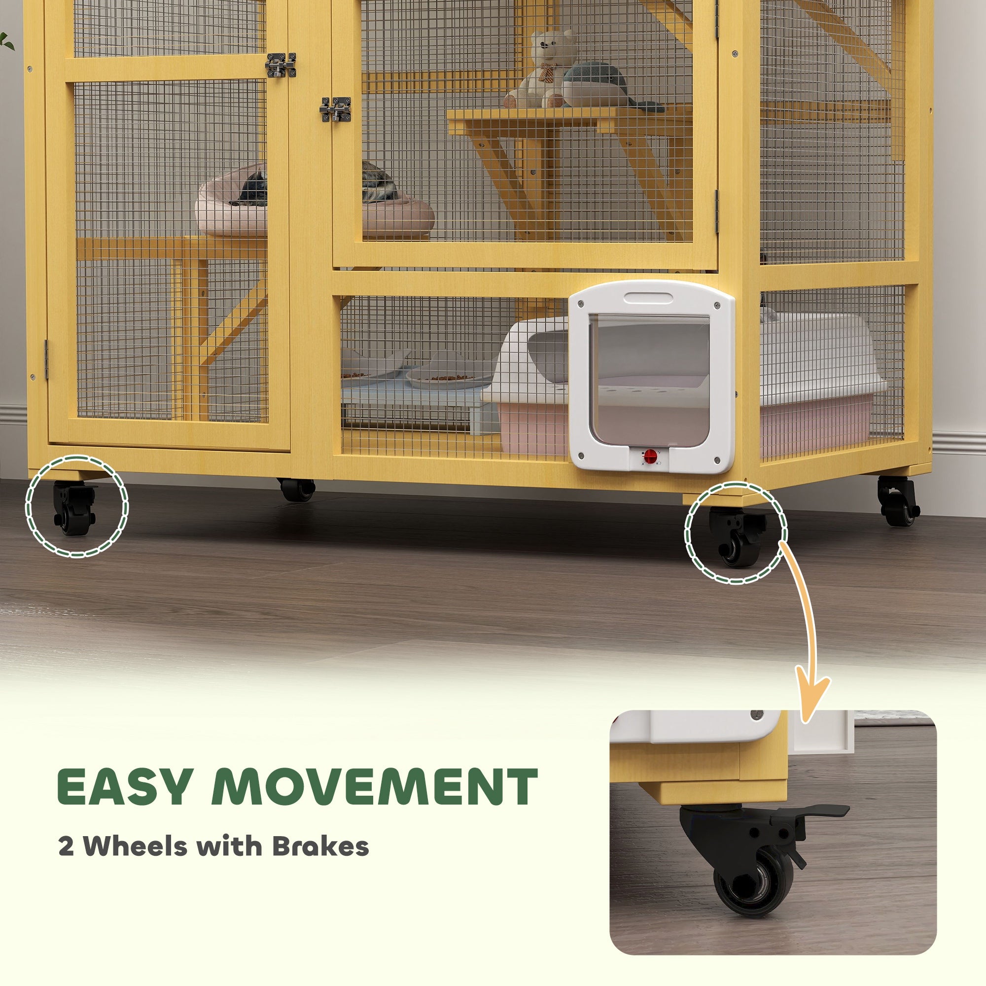 Wooden Indoor Cat Condo on Wheels - Yellow 43" H-DECOROLALA