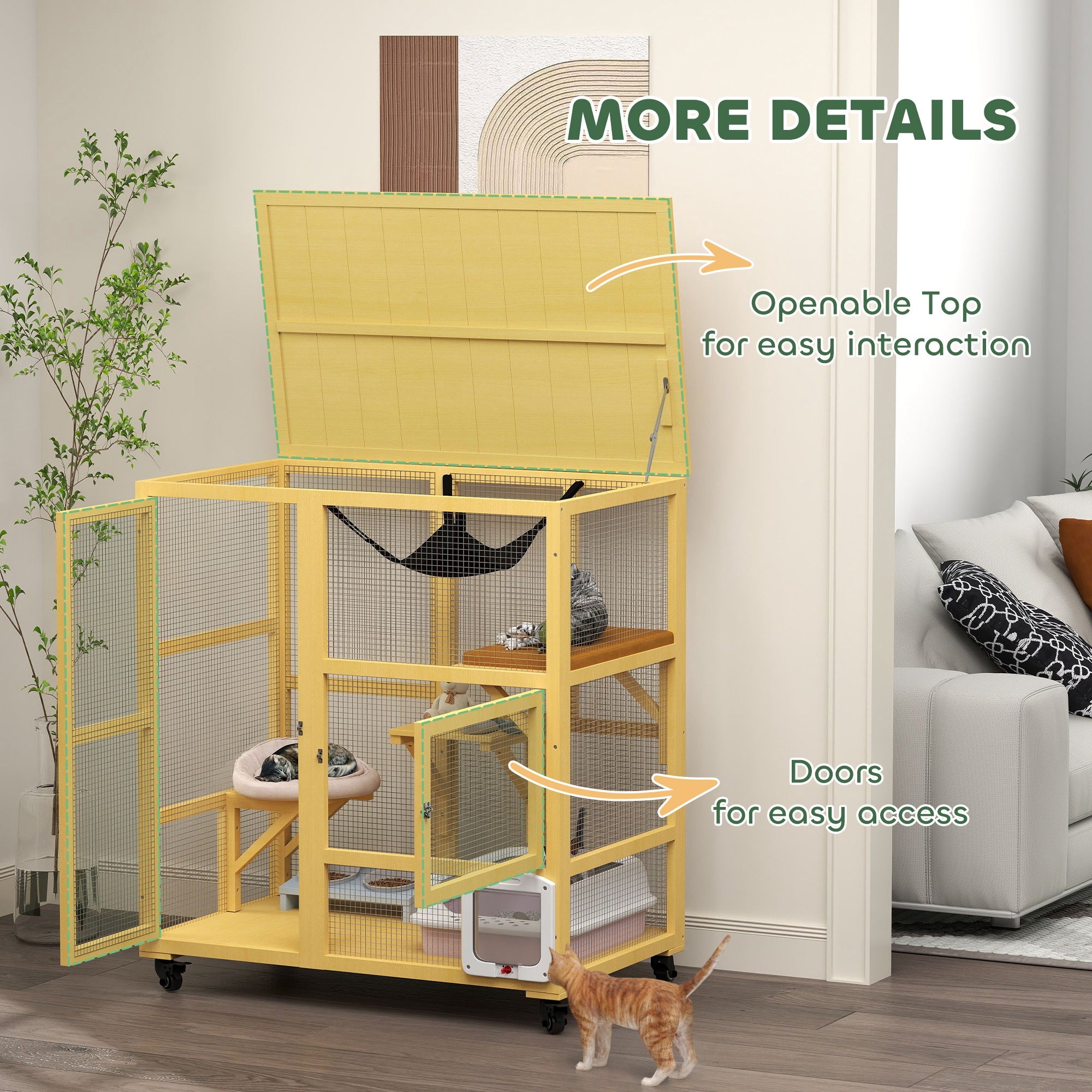 Wooden Indoor Cat Condo on Wheels - Yellow 43" H-DECOROLALA