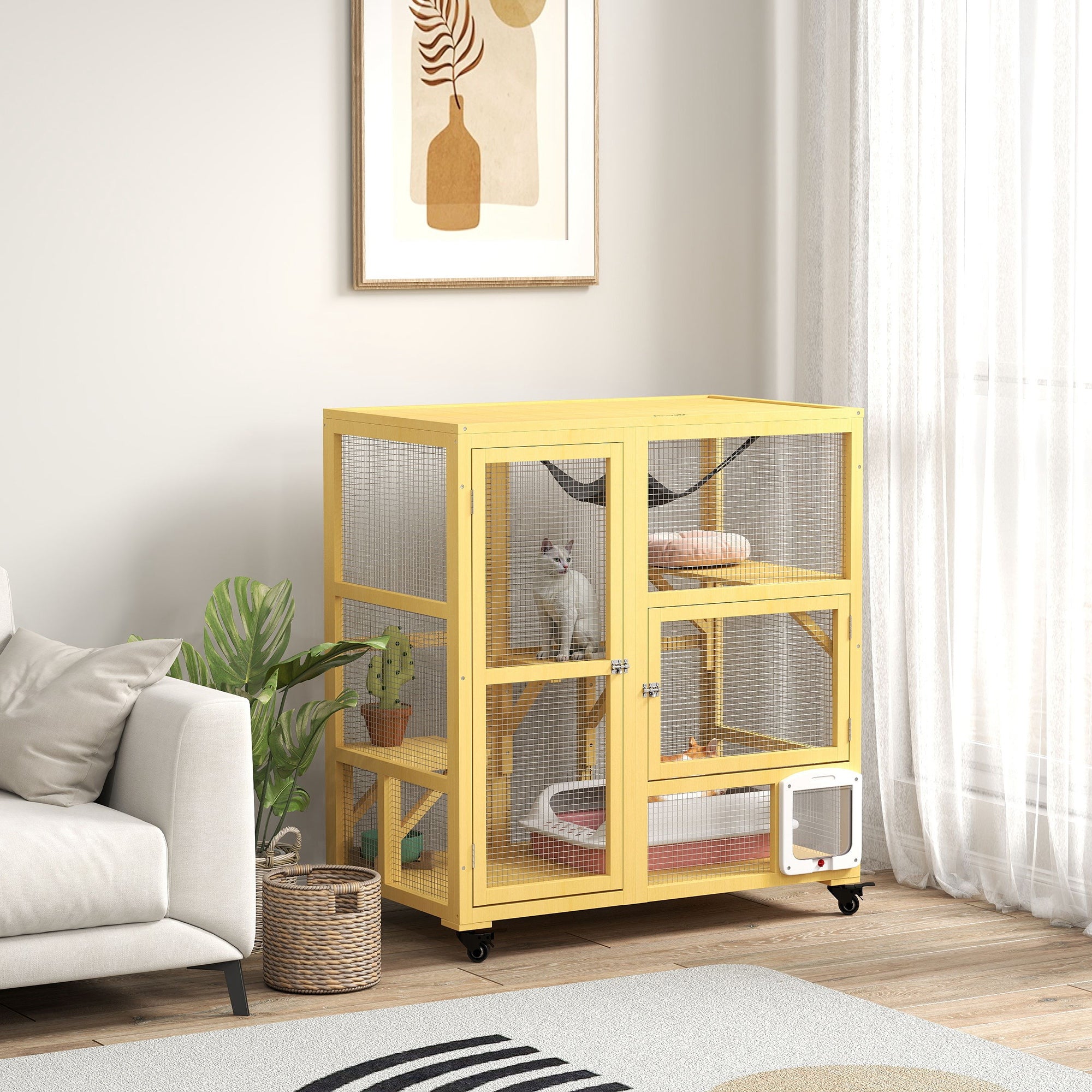 Wooden Indoor Cat Condo on Wheels - Yellow 43" H-DECOROLALA
