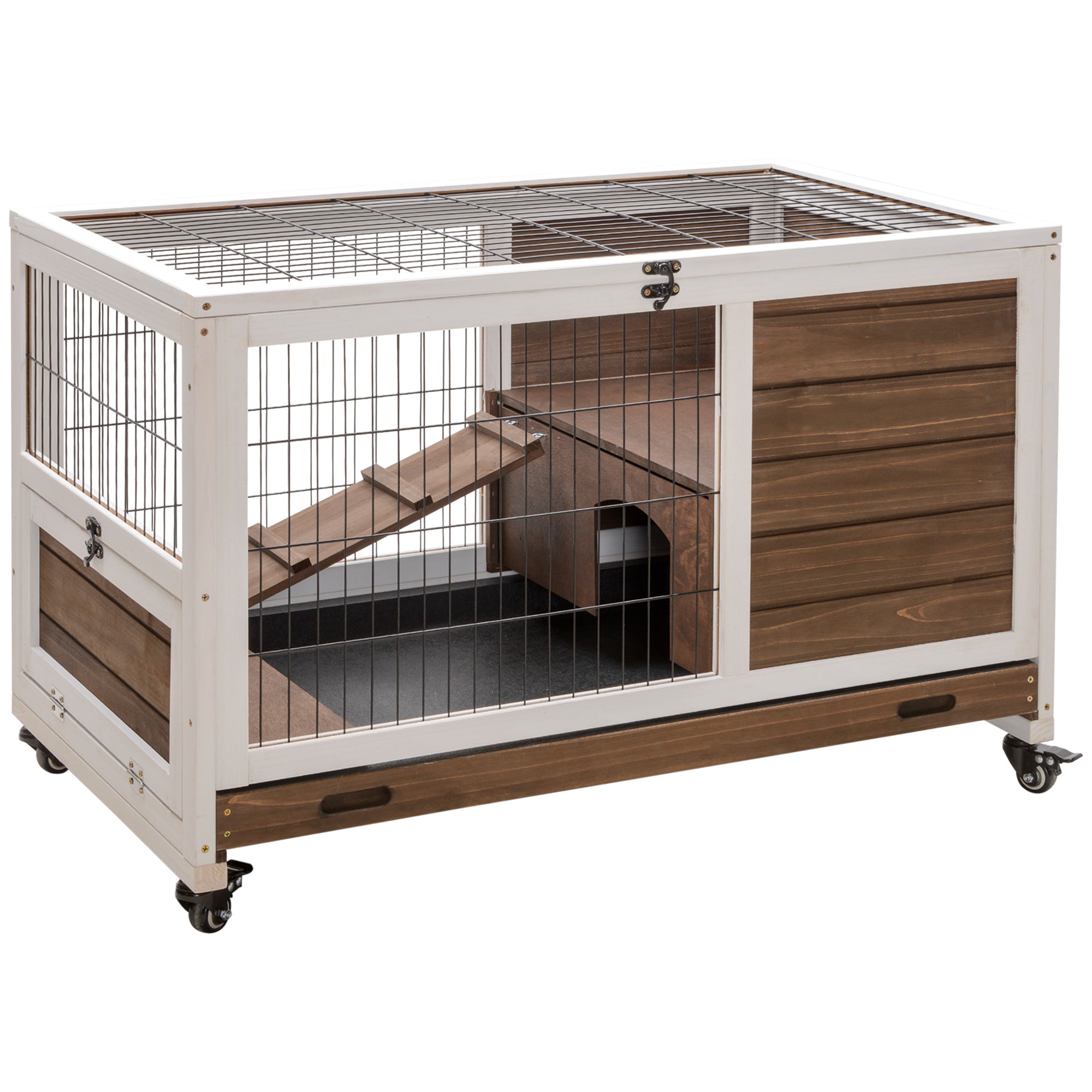 Wooden Indoor Rabbit Hutch - Brown Fir Wood Bunny Cage with Wheels-Small Animals-DECOROLALA