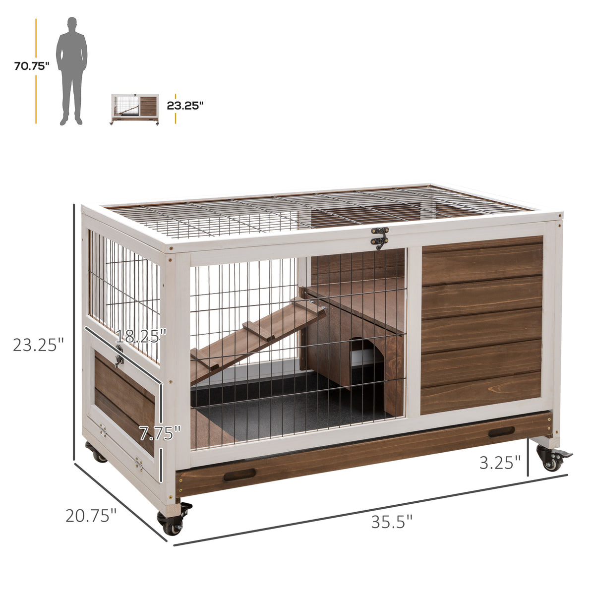 Wooden Indoor Rabbit Hutch - Brown Fir Wood Bunny Cage with Wheels-Small Animals-DECOROLALA