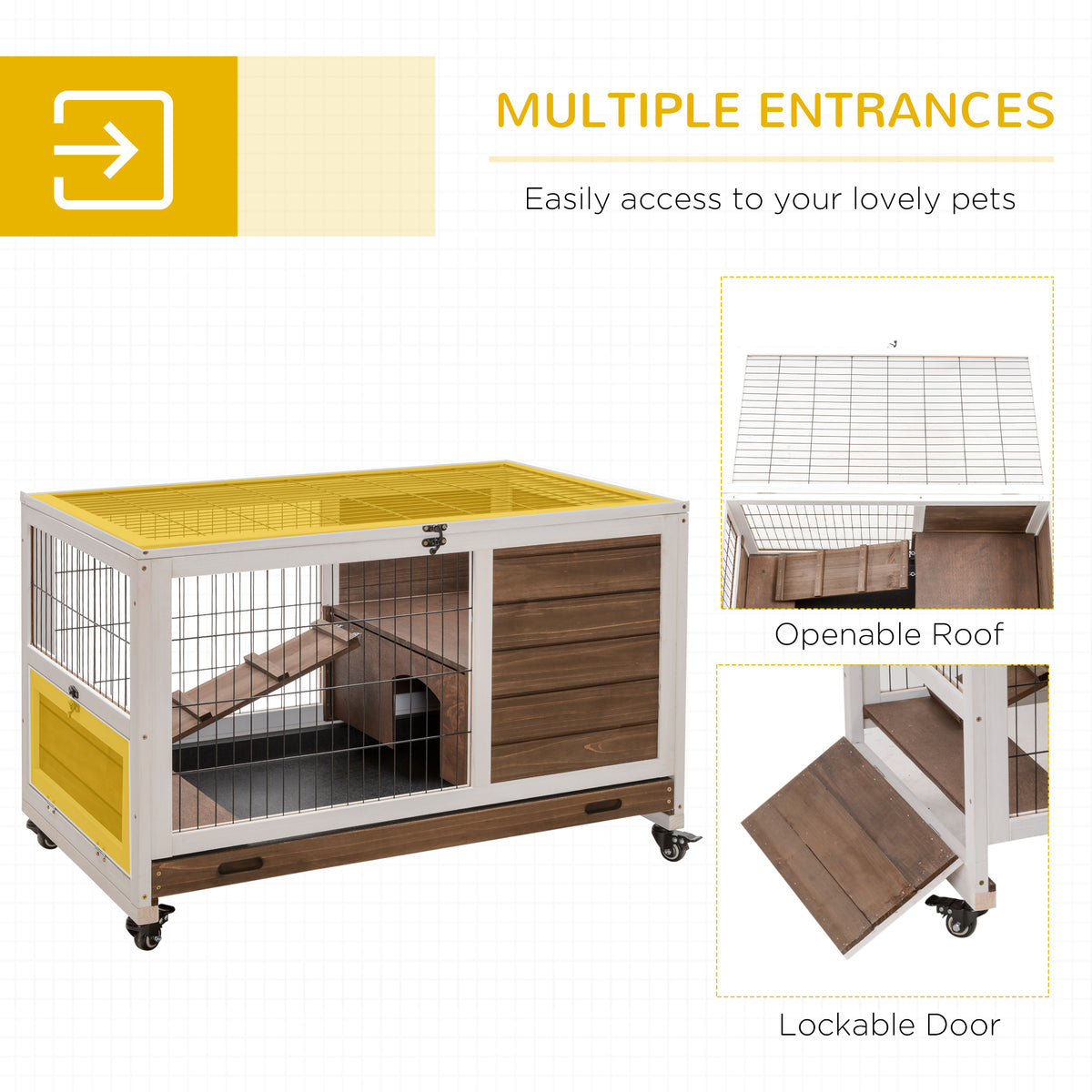 Wooden Indoor Rabbit Hutch - Brown Fir Wood Bunny Cage with Wheels-Small Animals-DECOROLALA