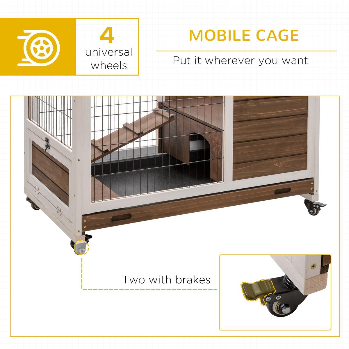 Wooden Indoor Rabbit Hutch - Brown Fir Wood Bunny Cage with Wheels-Small Animals-DECOROLALA