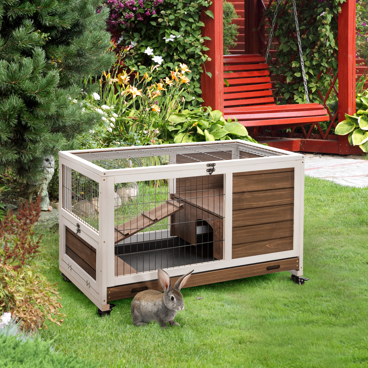 Wooden Indoor Rabbit Hutch - Brown Fir Wood Bunny Cage with Wheels-Small Animals-DECOROLALA