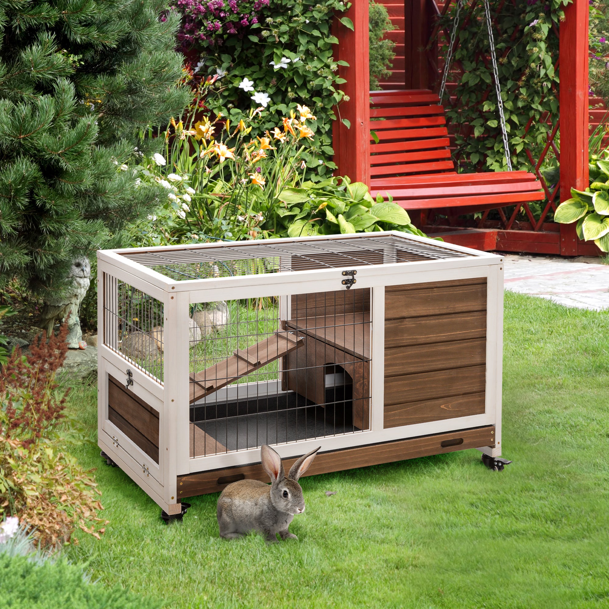 Wooden Indoor Rabbit Hutch - Brown Fir Wood Bunny Cage with Wheels-Small Animals-DECOROLALA