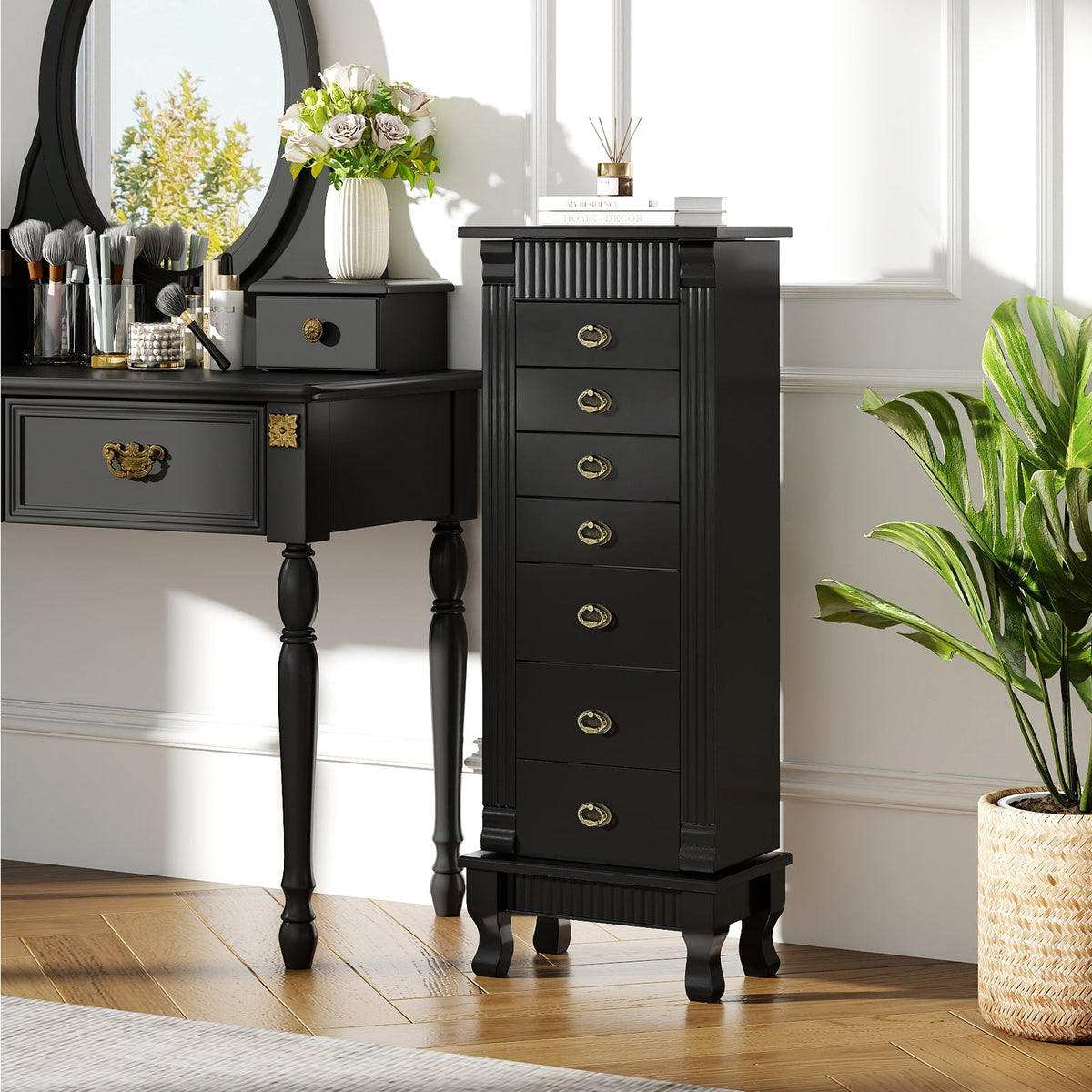 Wooden Jewelry Armoire Cabinet Storage Chest with Drawers and Swing Doors-Black-Jewelry Armoires-DECOROLALA
