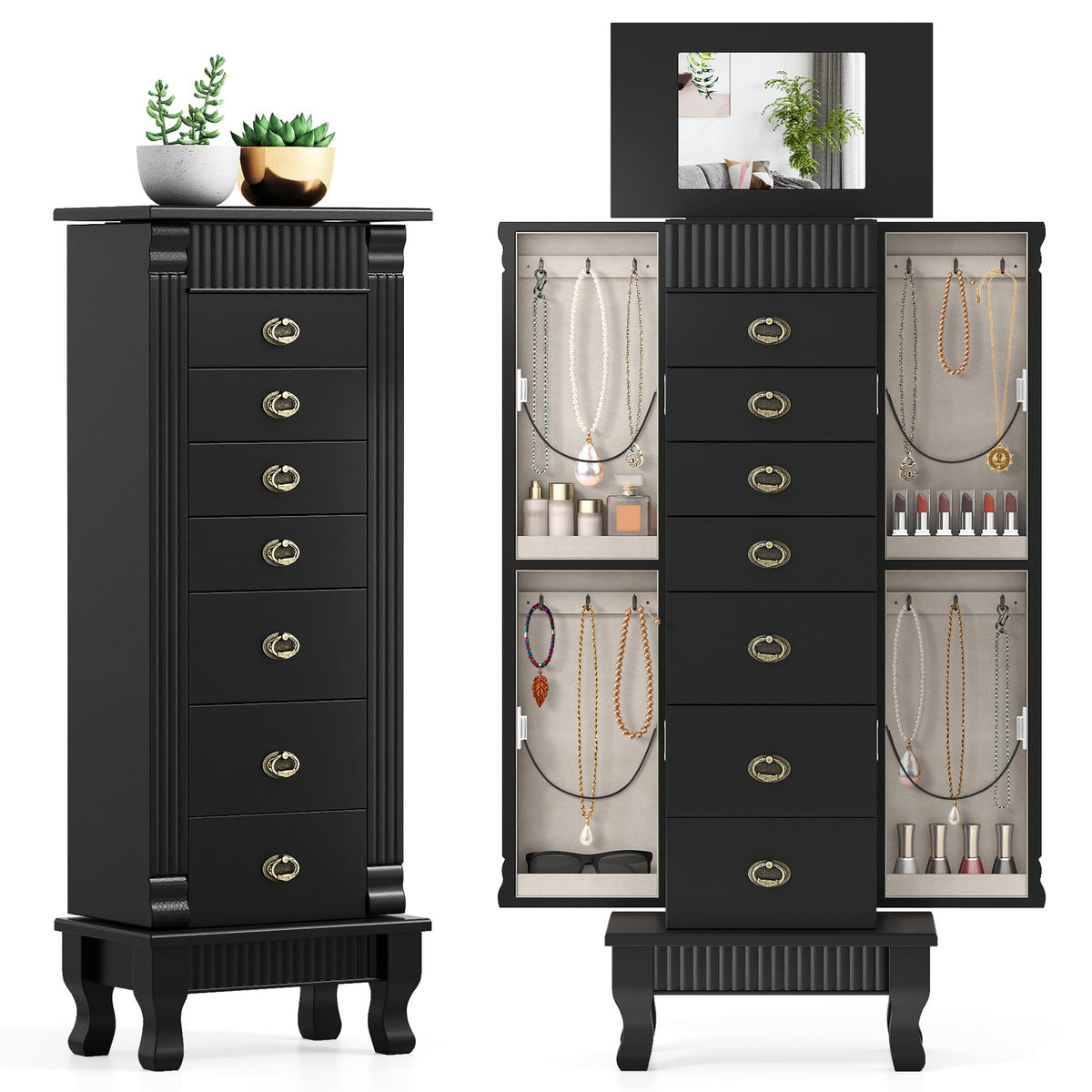 Wooden Jewelry Armoire Cabinet Storage Chest with Drawers and Swing Doors-Black-Jewelry Armoires-DECOROLALA
