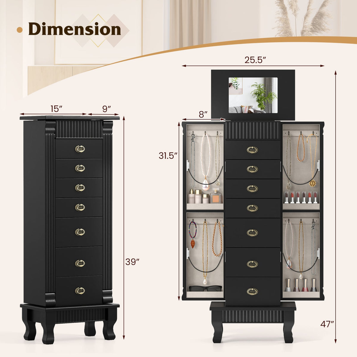 Wooden Jewelry Armoire Cabinet Storage Chest with Drawers and Swing Doors-Black-Jewelry Armoires-DECOROLALA